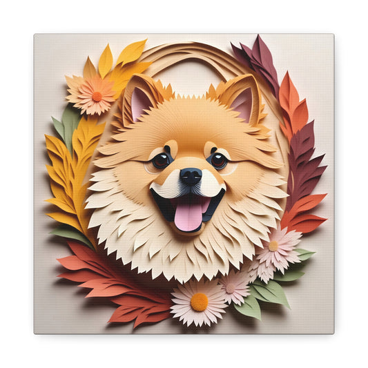 Fall Pomeranian Wall Art Canvas - 3D Illusion Dog Portrait with Flowers