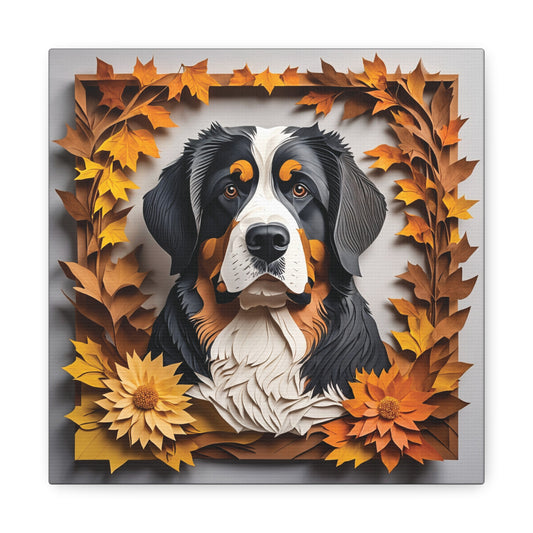 Bernese Mountain Dog Portrait in Fall Leaves, Bernese Mt. Dog Canvas Wrap, 3D Illusion Art with Name Personalization