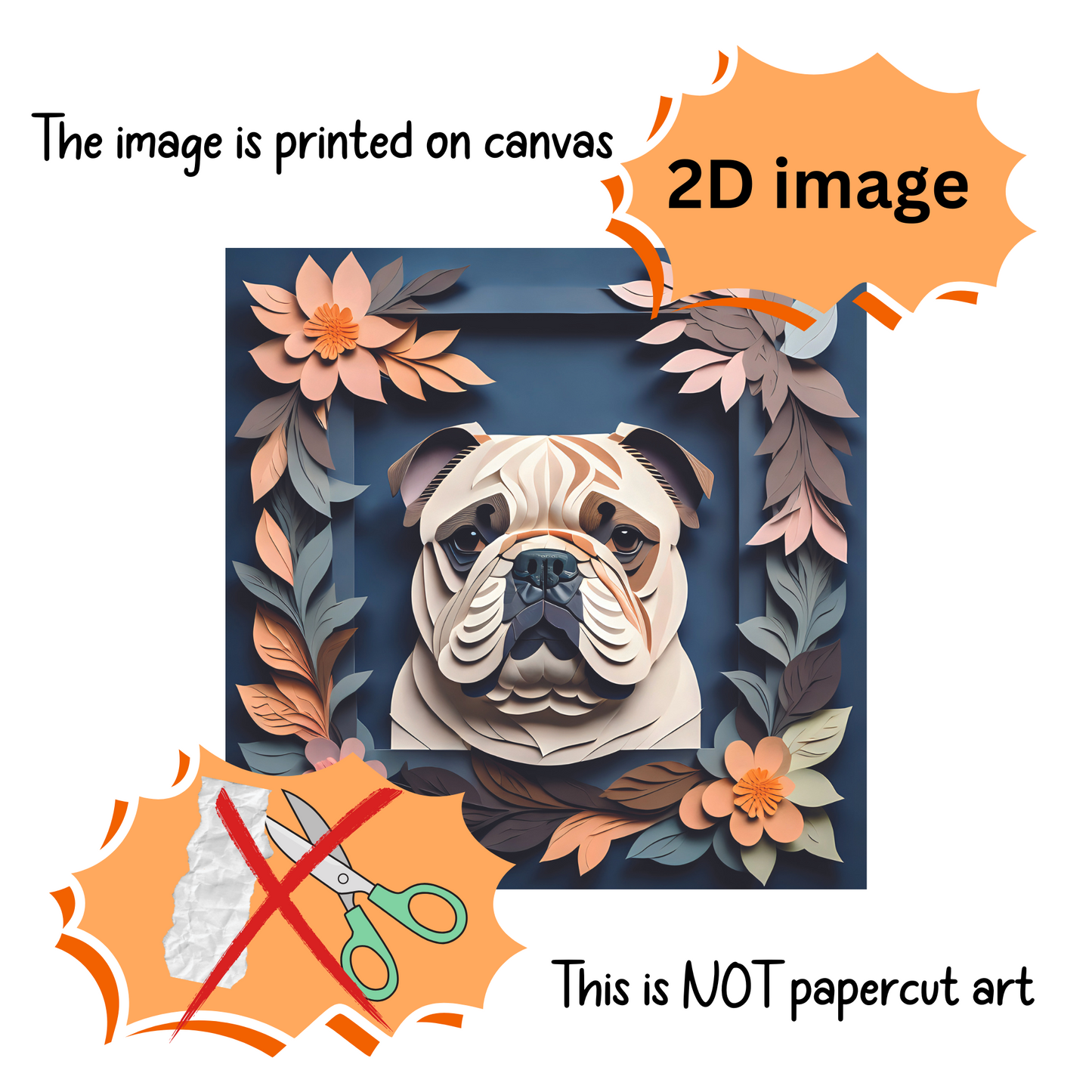 Charming Faux Papercut Bulldog Canvas on Navy Background- 3D Illusion Floral Decor