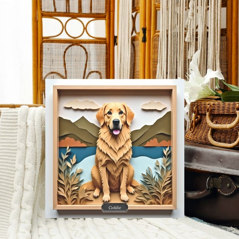 Golden Retriever Lake Wall Art with Custom Dog Name - Mountain Scene Personalized Pet Portrait