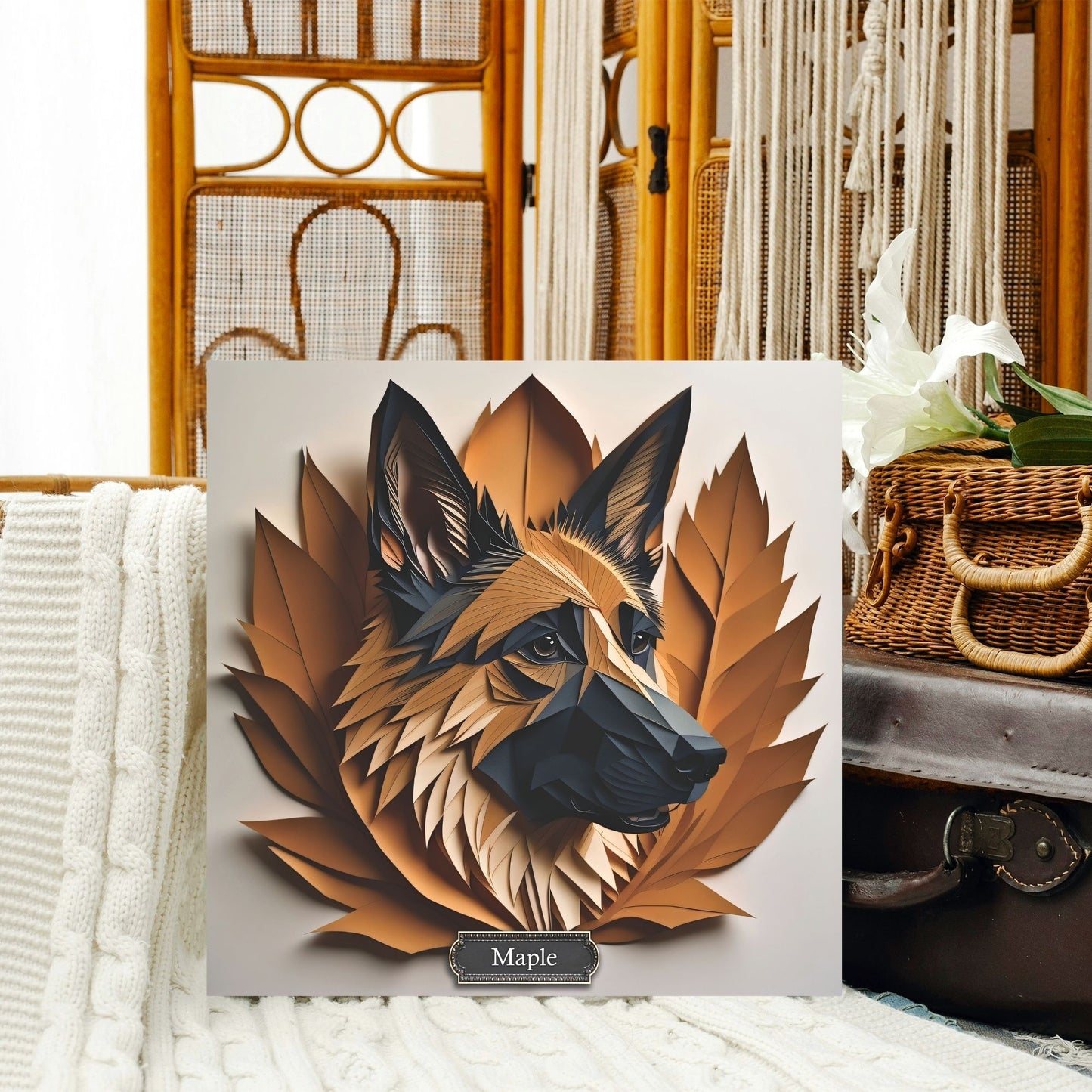 German Shepherd Portrait - Faux Papercut Imitation Dog Lover Wall Art