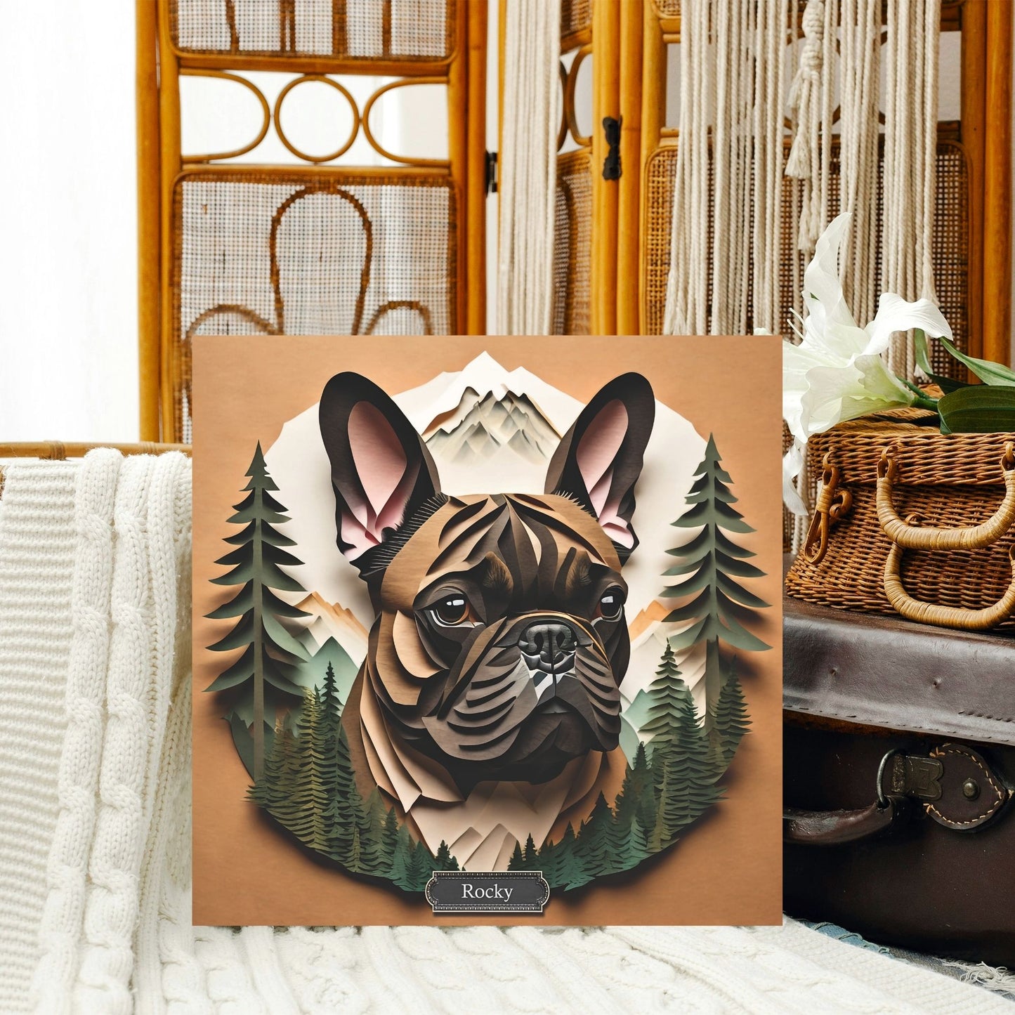 Personalized French Bulldog Wall Art - 3D Illusion Forest & Mountain Frenchie Memorial