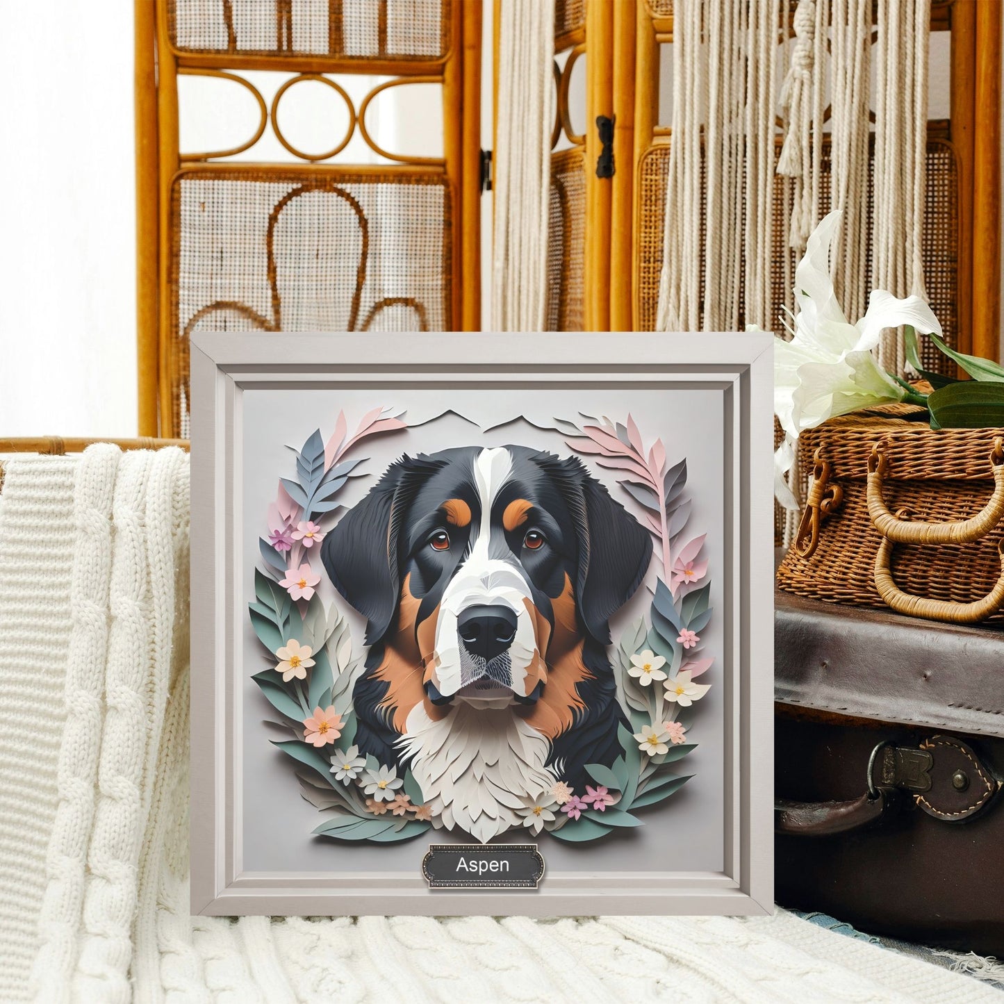 Floral Haven Bernese Mountain Dog - Papercut Imitation Canvas Print for Modern Home