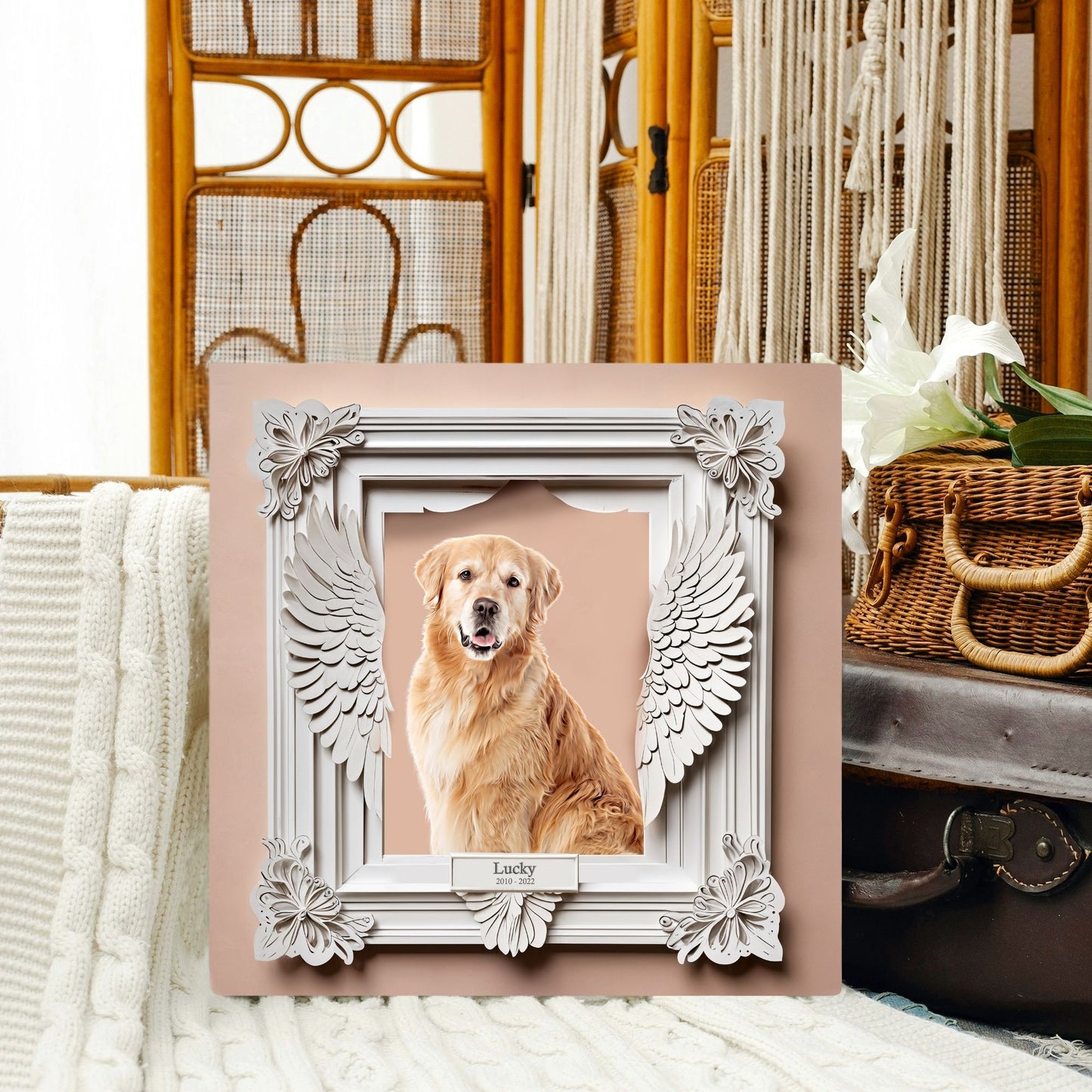 Custom Memorial Pet Portrait - Antique White Wings Frame