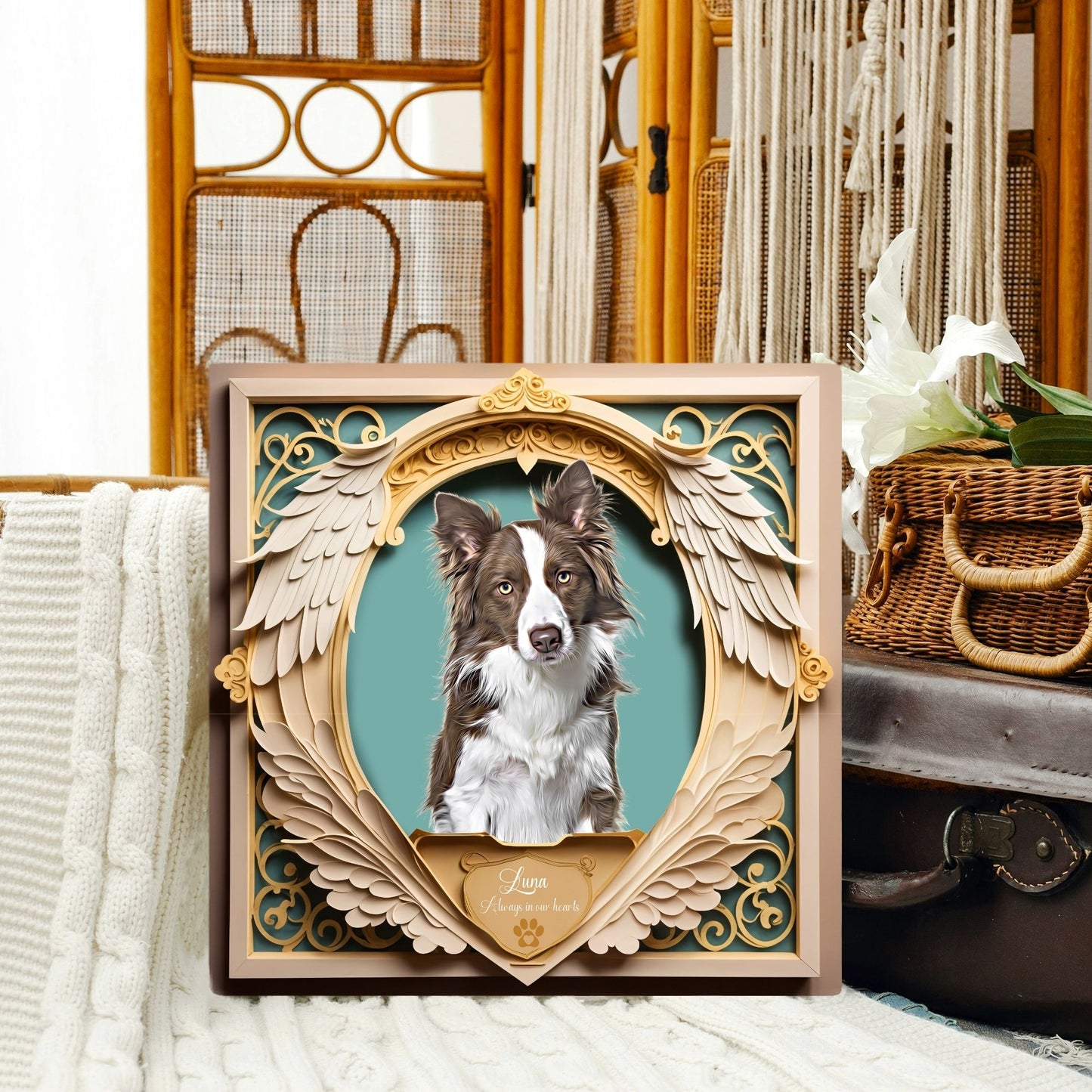 Custom Memorial Pet Portrait - Wings Down Golden and Teal Design
