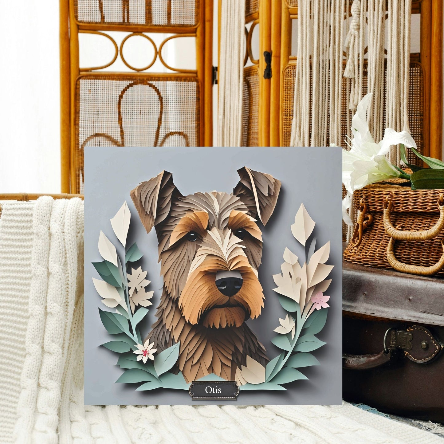 Airedale Terrier 3D Illusion Portrait on Gray Background