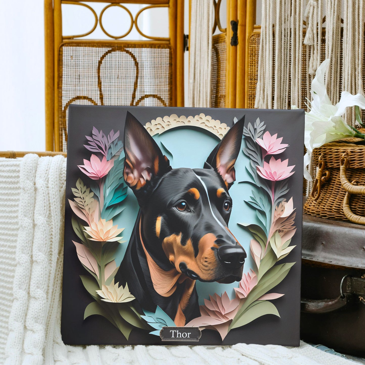 Doberman Portrait on Charcoal Background -  Dobie Wall Art Home Decor