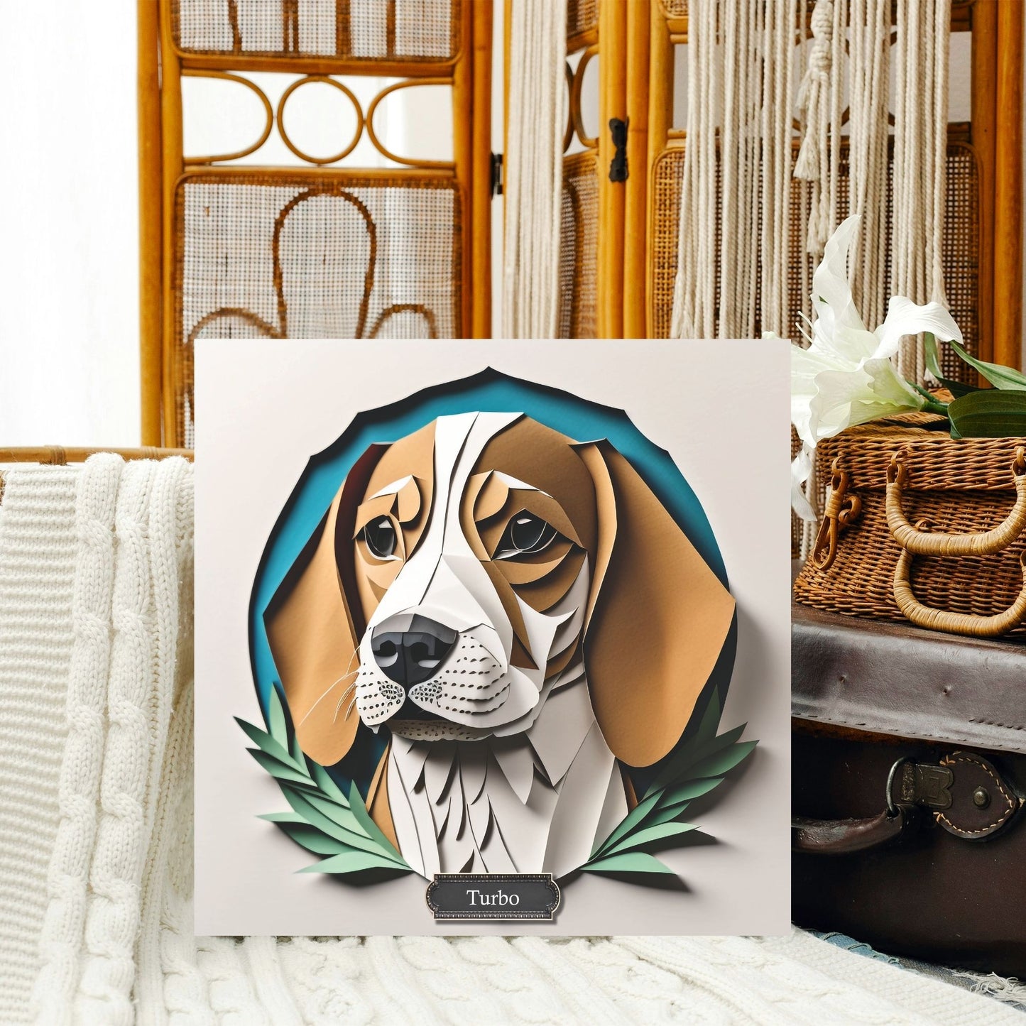 Classic Beagle Canvas Wrap, Beagle Portrait Print Imitating Papercut Art with Name Personalization, Beagle Lover Perfect Gift