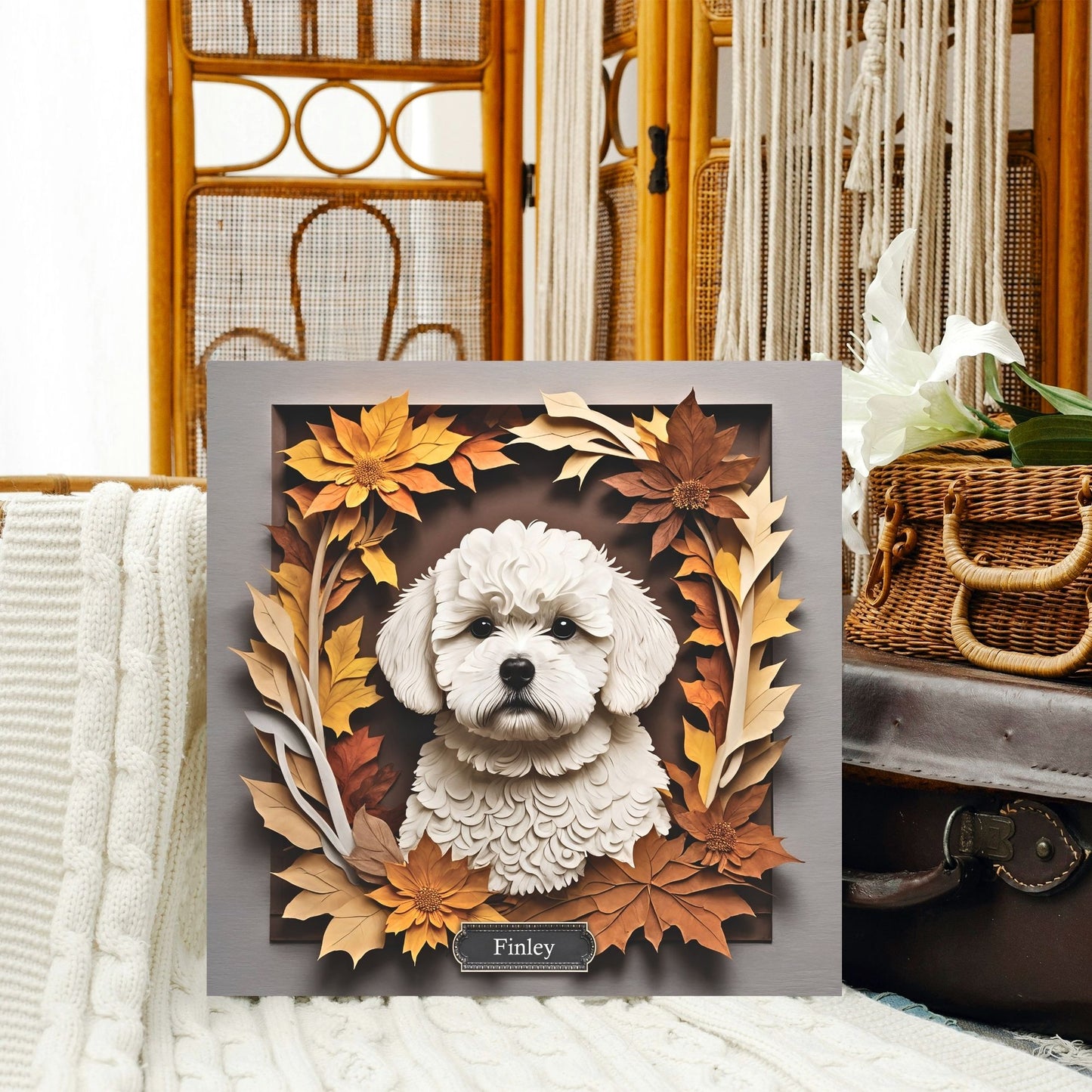 Bichon Frisé in Fall Leaves Canvas Wrap, Name Personalization Dog Portrait, Bichon Frisé Lover Perfect Gift