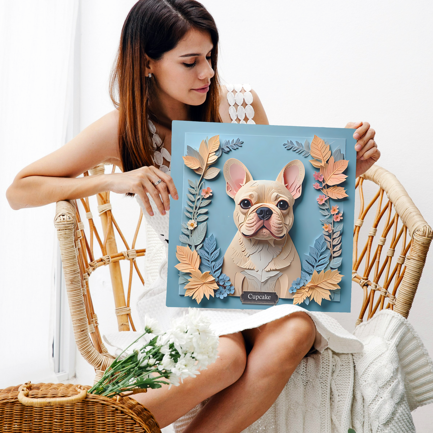 Cream French Bulldog Portrait in Blues - French Bulldog Mom or Dad Gift