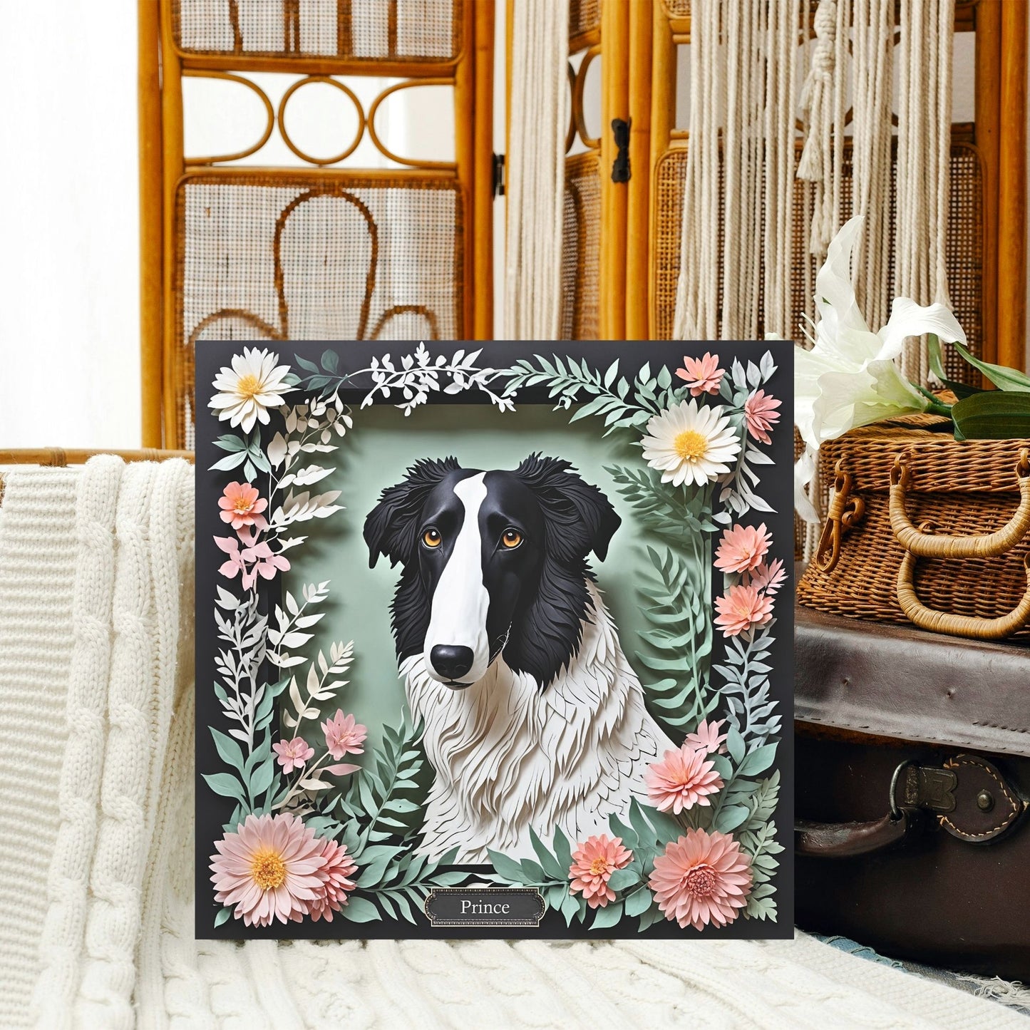 Floral Borzoi Canvas Print – Black & White Dog Portrait with Botanical Frame