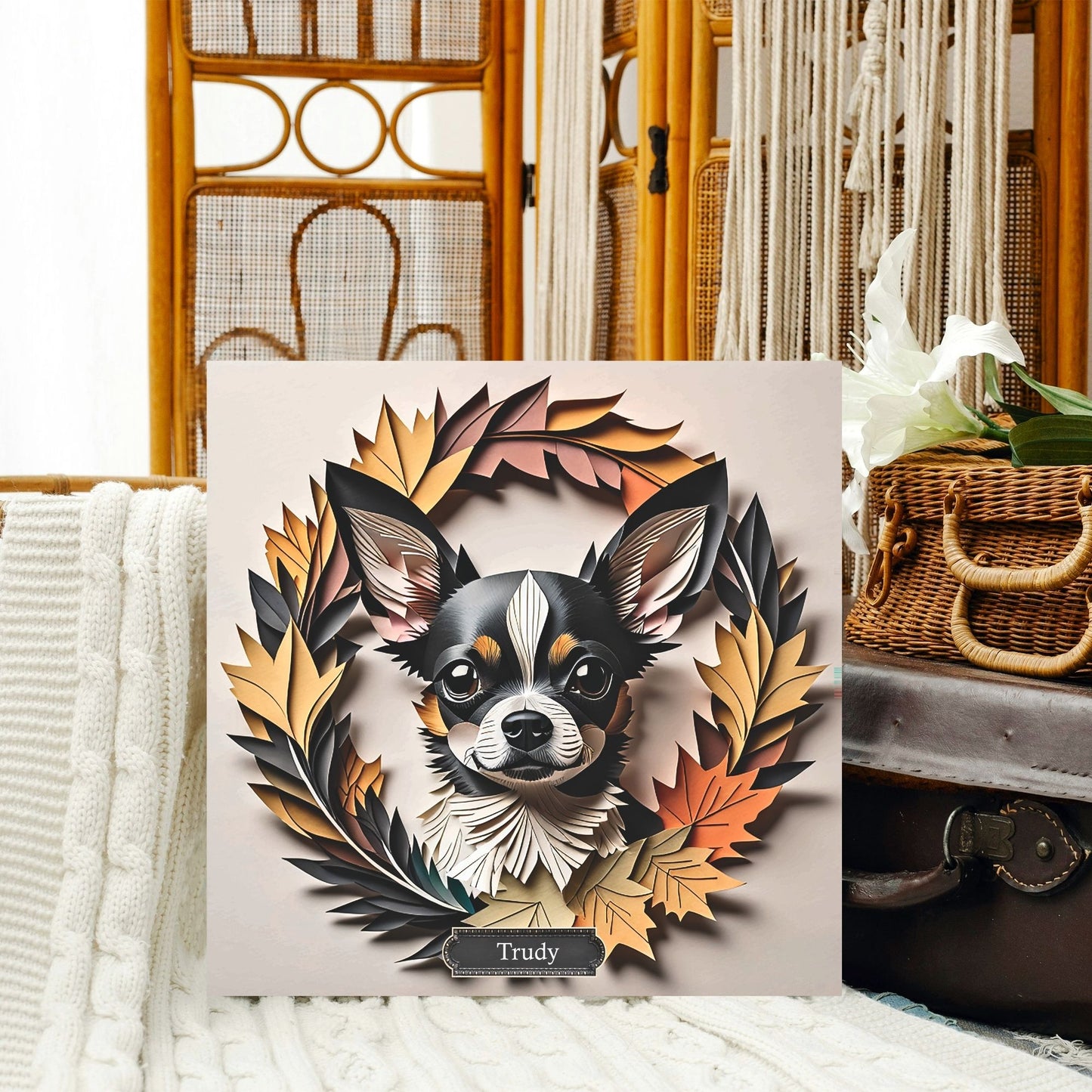 Chihuahua Fall Dog Name Art - 3D Illusion Autumn Pet Portrait - Personalized Dog Lover Gift