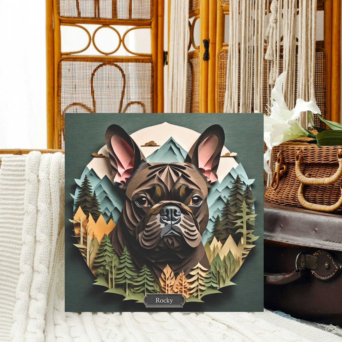 Brindle French Bulldog Wall Art - 3D Illusion Mountain Backdrop Frenchie Memorial