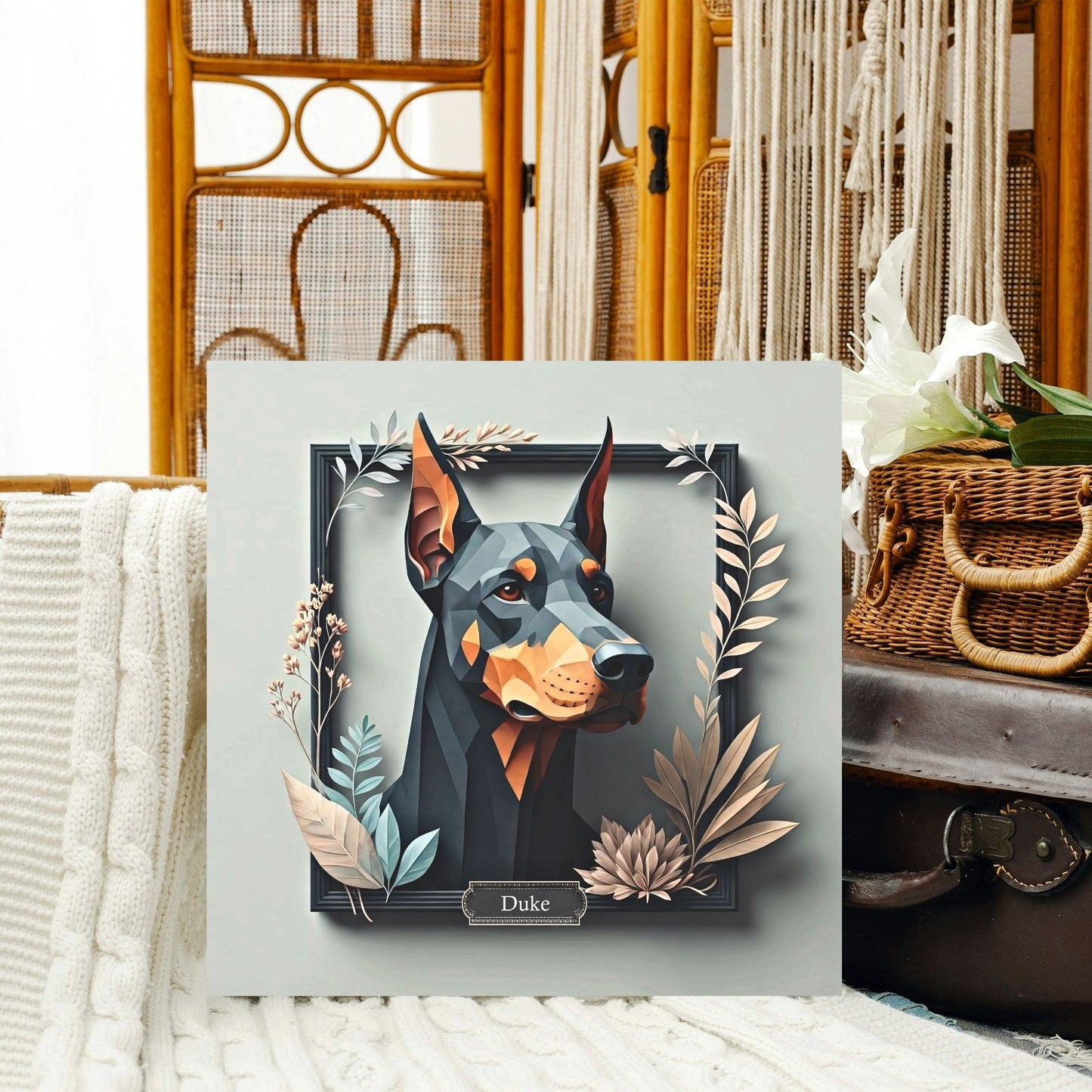 Doberman Portrait Wall Art with Botanical Frame - Unique Pet Memorial Home Decor