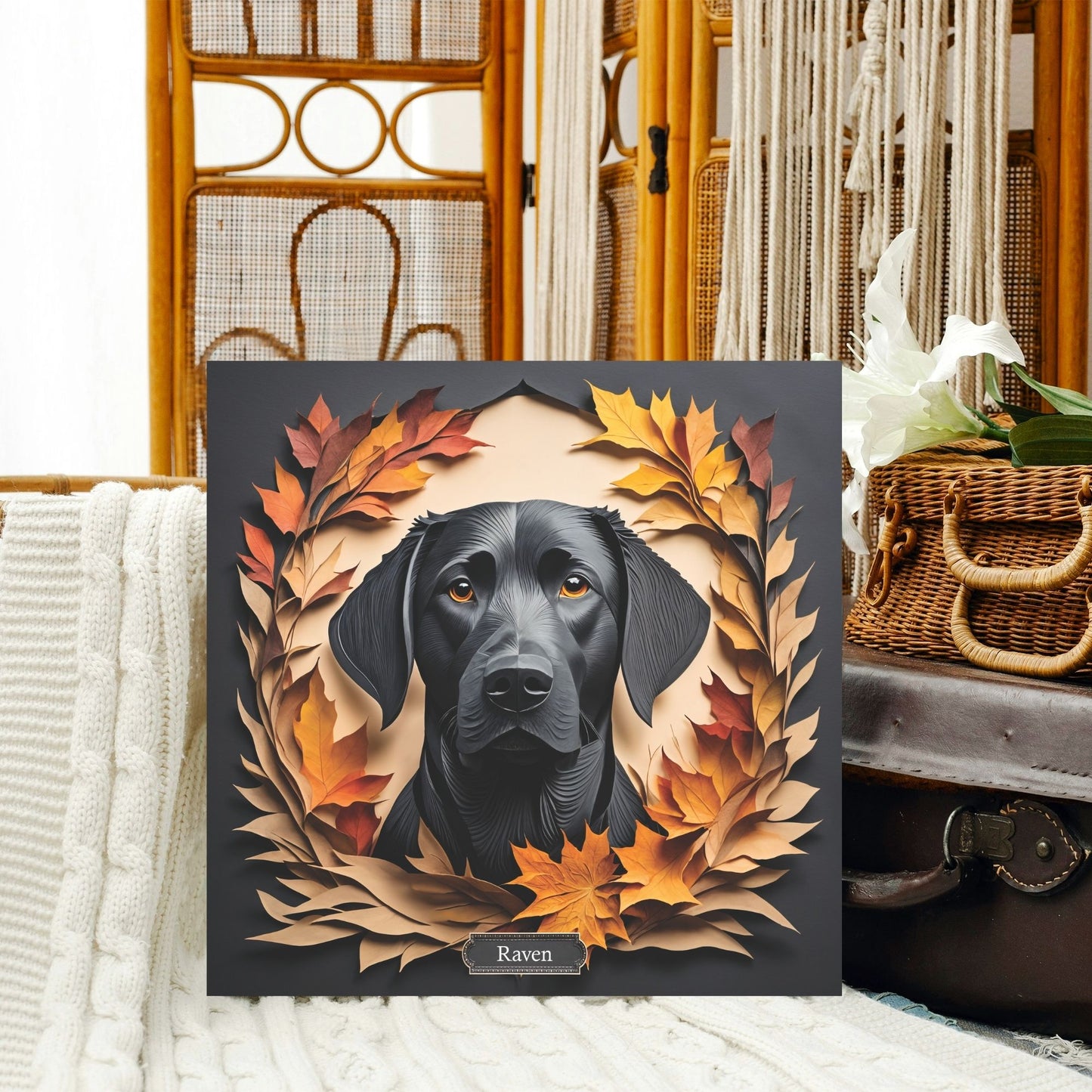 Black Lab Fall Art, Canvas Print 3D Illusion Art with Name Personalization, Labrador Memorial Gift, Best Gift for Lab Mom or Dad