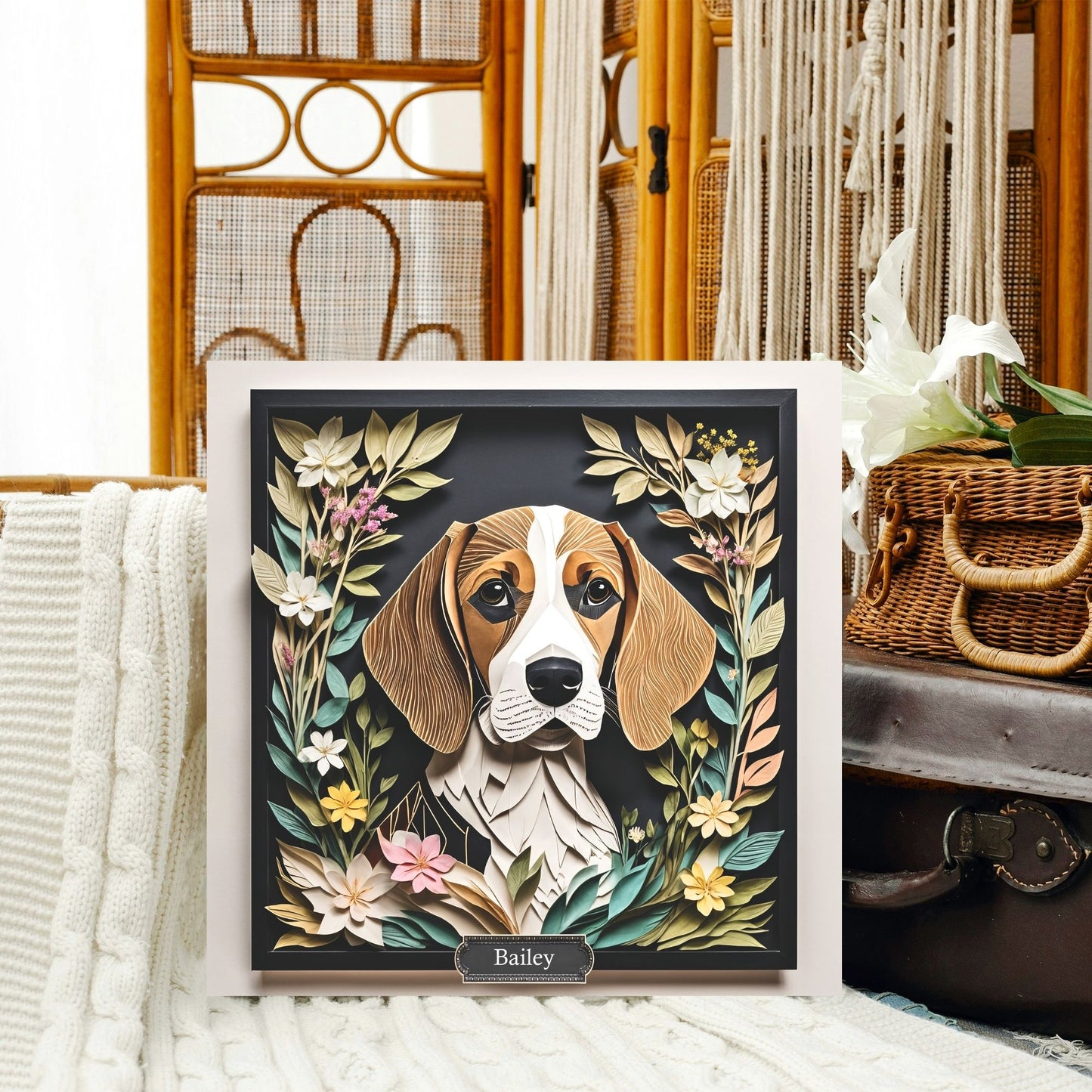 Brown Beagle Canvas Wrap, Beagle in Flower Arrangement Portrait Print, Name Personalization Dog Portrait, Beagle Lover Perfect Gift