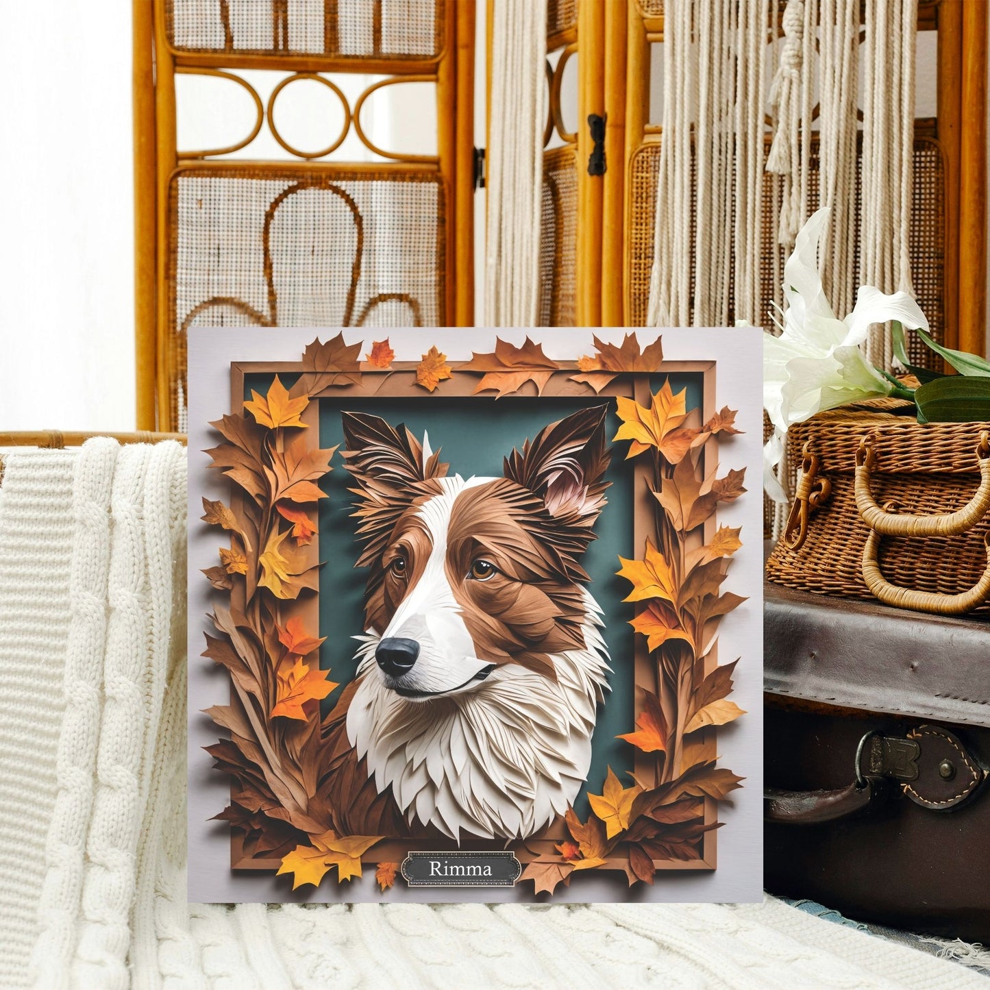 Brown and White Border Collie Fall Art, Canvas Portrait - 3D Illusion Art with Name Personalization