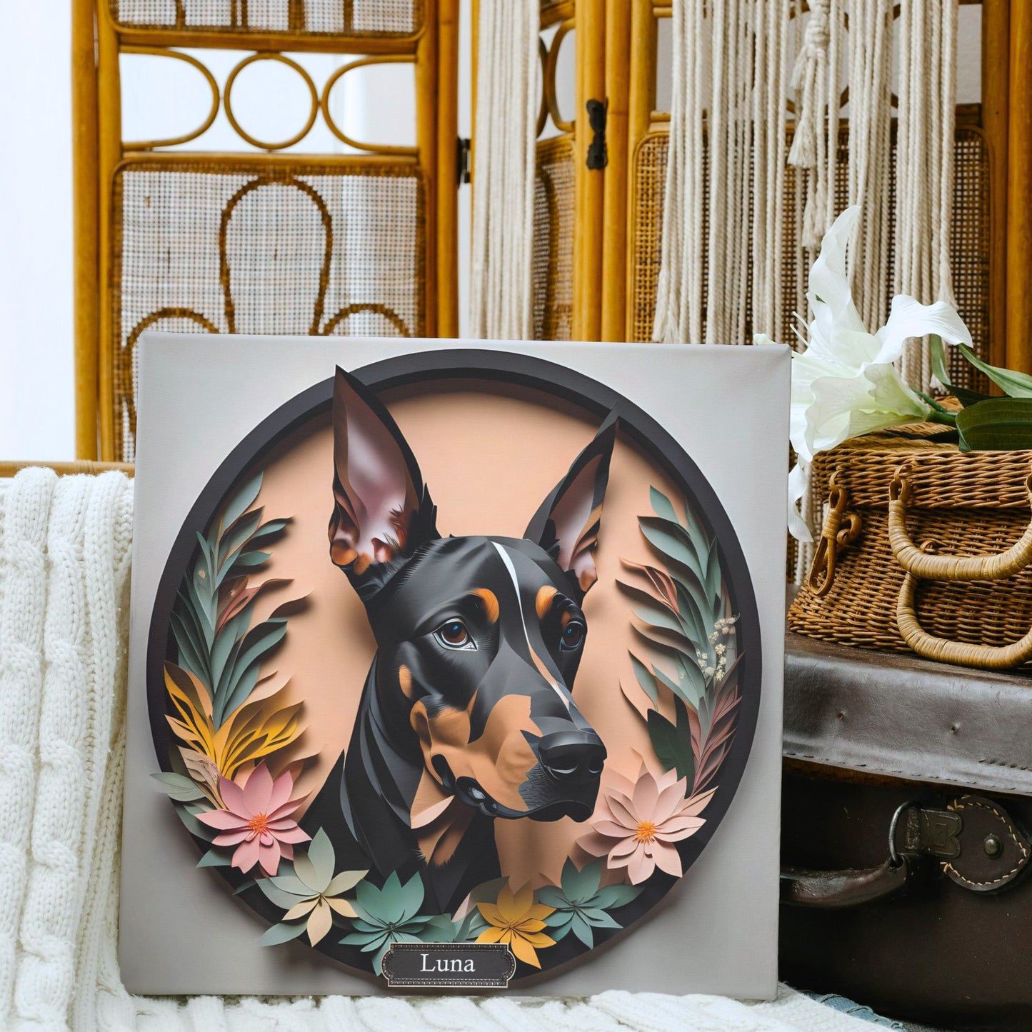 Doberman Portrait in a Circular Black Faux Frame - Dobie Wall Art in Papercut Imitation Style