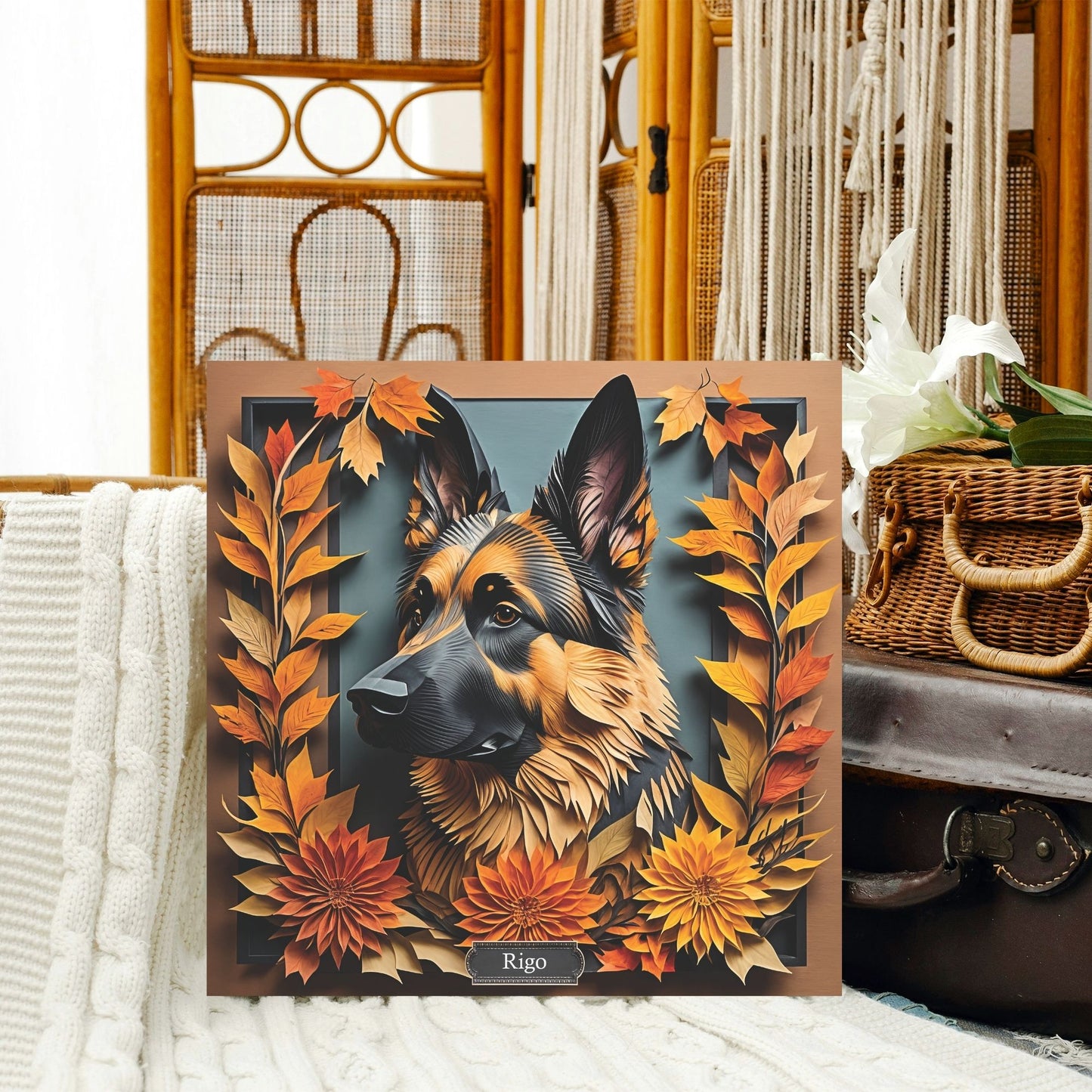Cozy Autumn German Shepherd Portrait Wall Art -  3D Illusion Art with Name Personalization