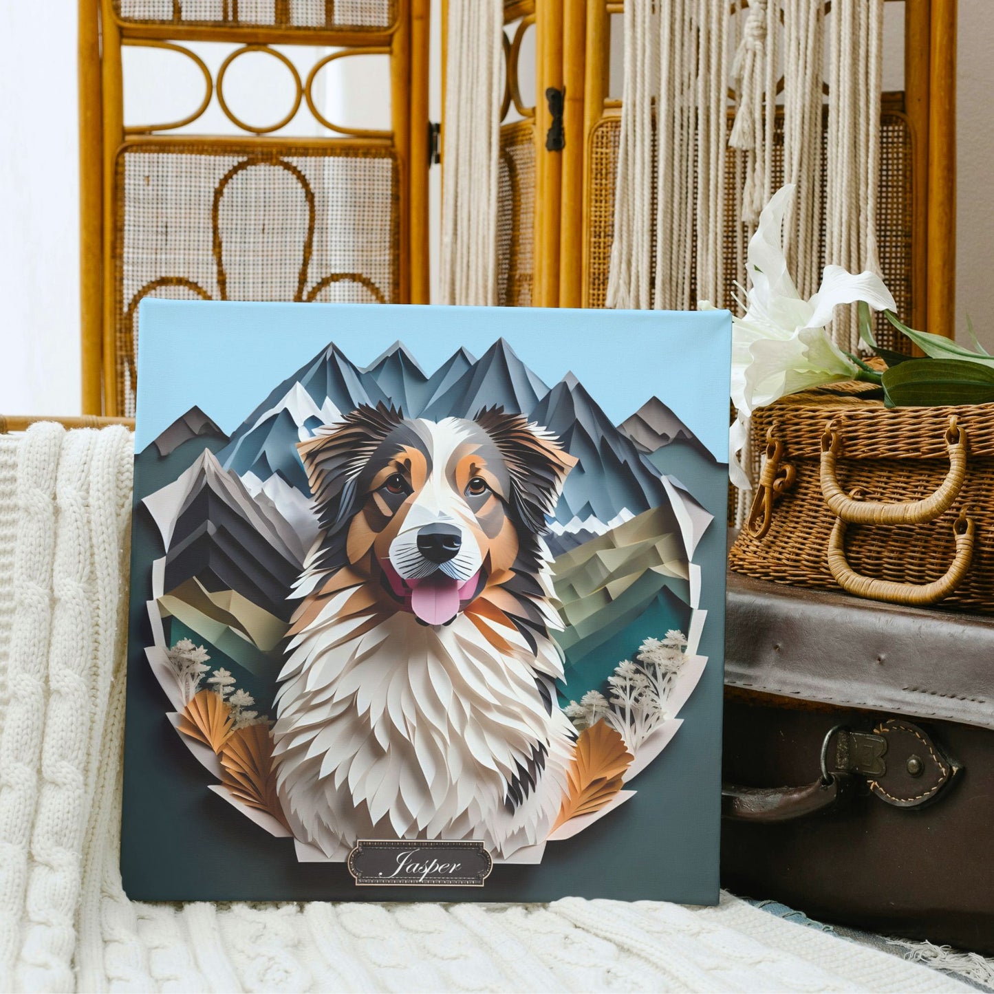 Australian Shepherd Mountain-Themed Portrait, Papercut Imitation Style Aussie Owner Gift