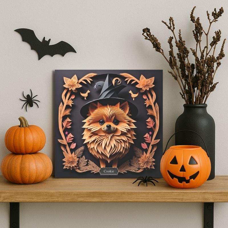 Halloween Pomeranian Wall Art -  Faux Papercut Style Decor