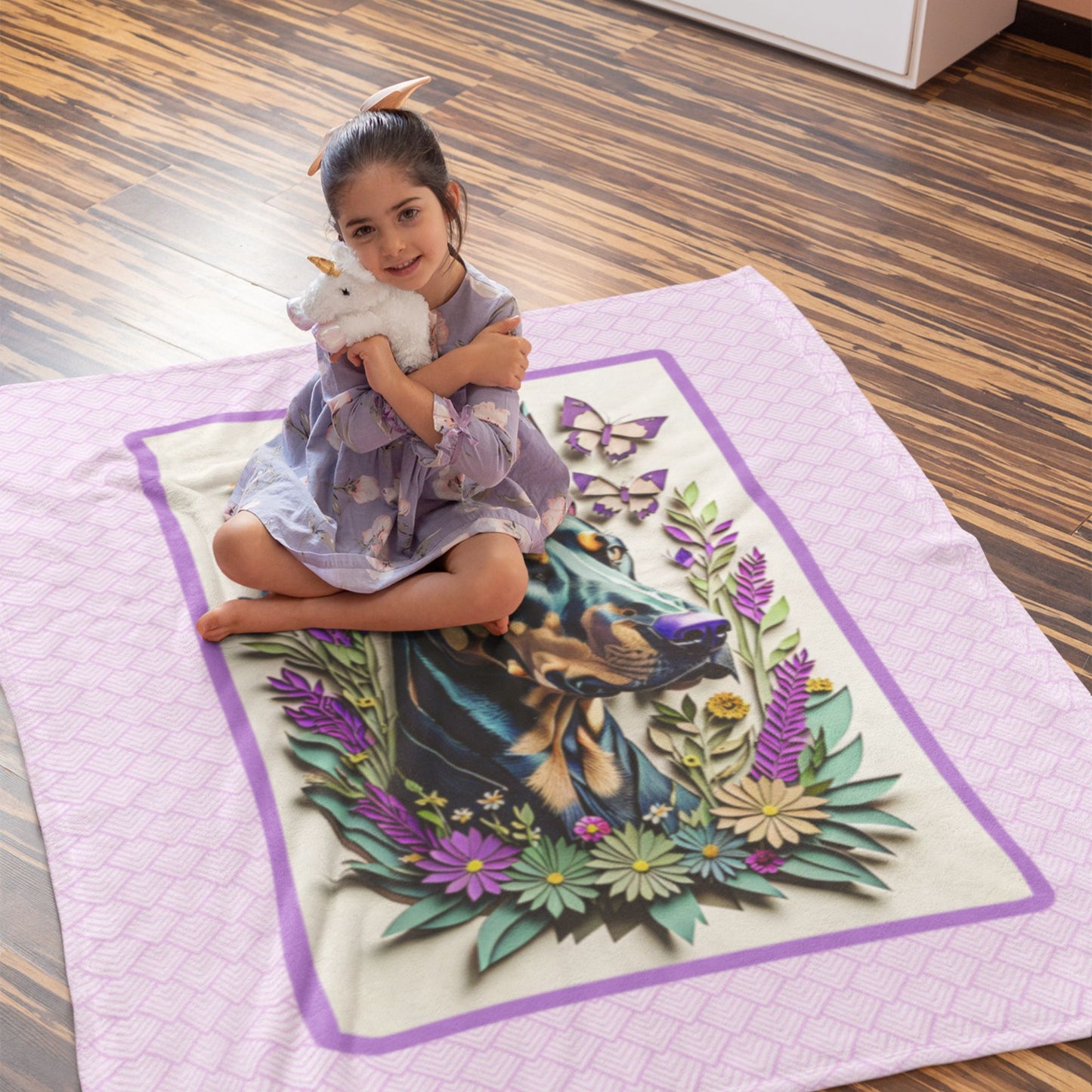 Doberman Portrait with Butterflies Velveteen Plush Blanket - Doberman Lover Throw Blanket