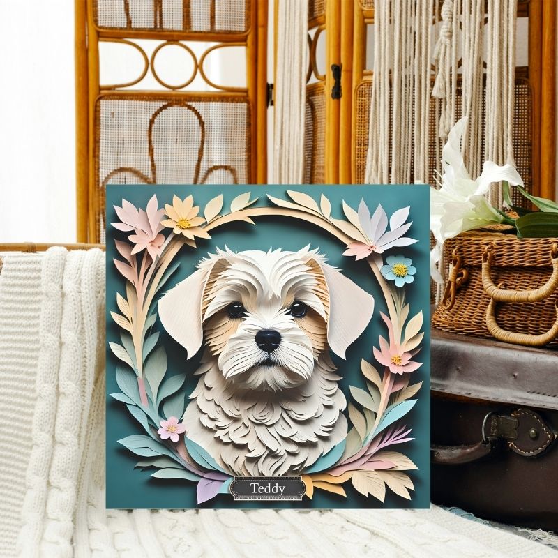 Maltese Dog Floral Art - 3D Illusion Dog Portrait - Custom Pet Wall Decor
