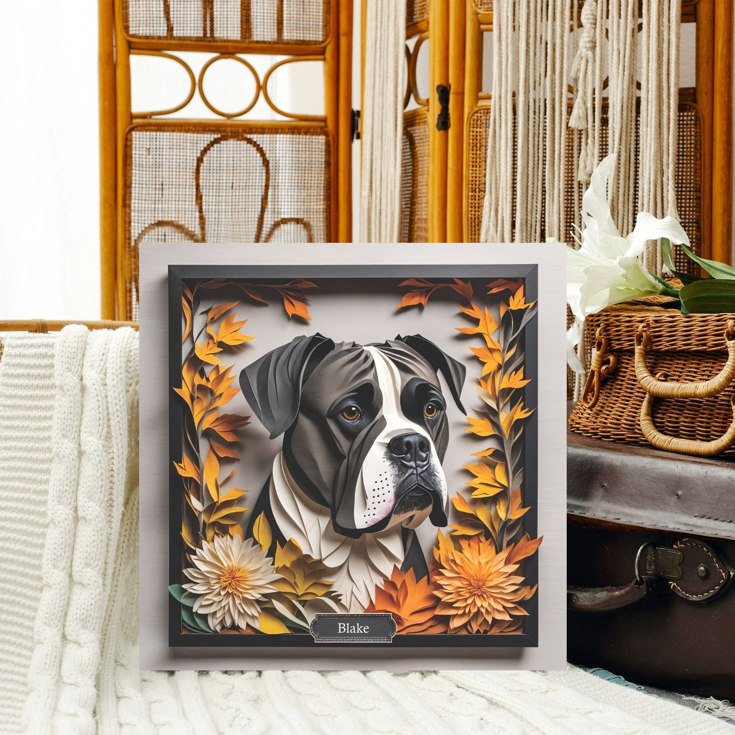 Black Boxer Dog Fall Art - Canvas Print 3D Illusion Art with Name Personalization
