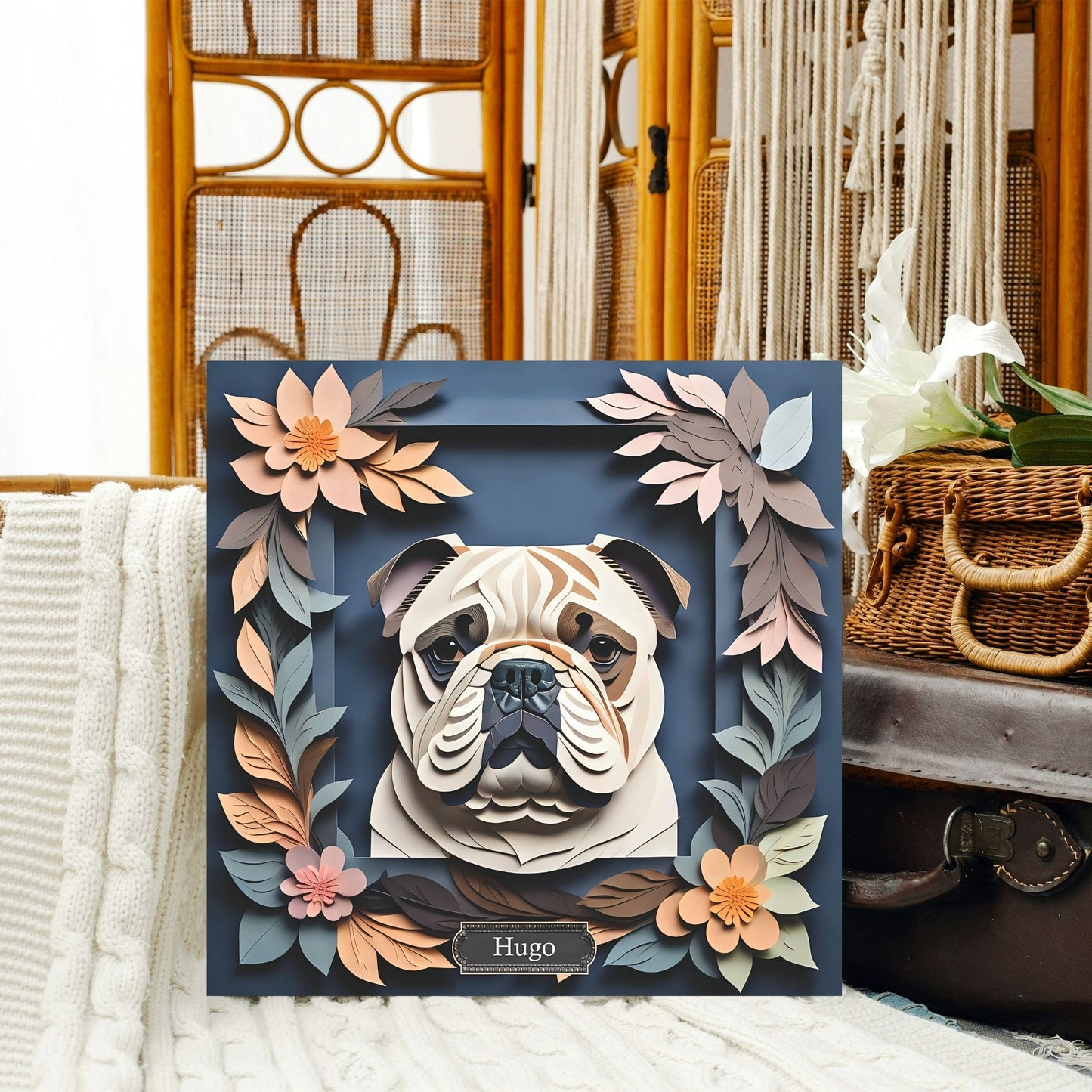 Charming Faux Papercut Bulldog Canvas on Navy Background- 3D Illusion Floral Decor