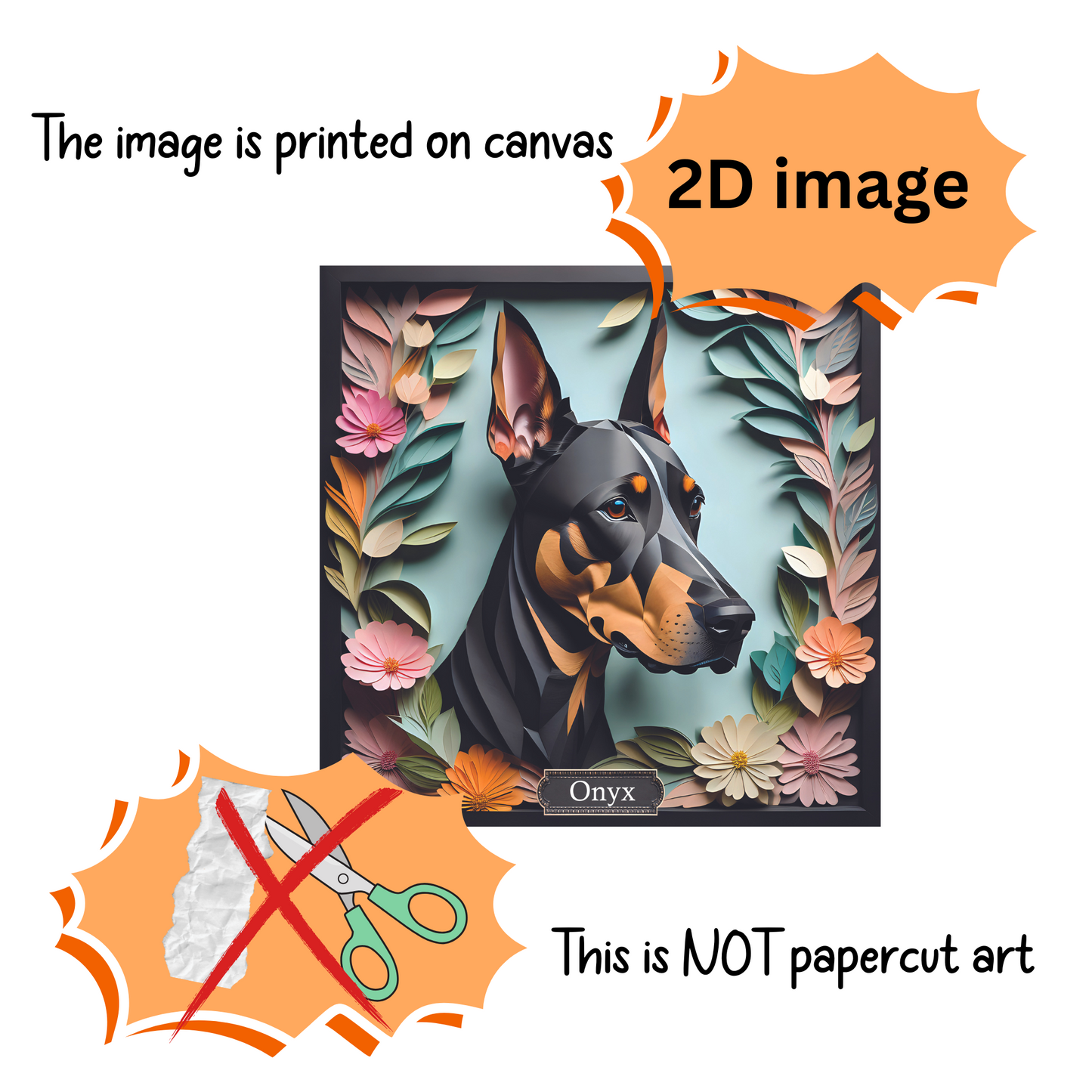 Doberman Canvas Portrait in Faux Black Frame - Dobie Lover Wall Art with Name Personalization