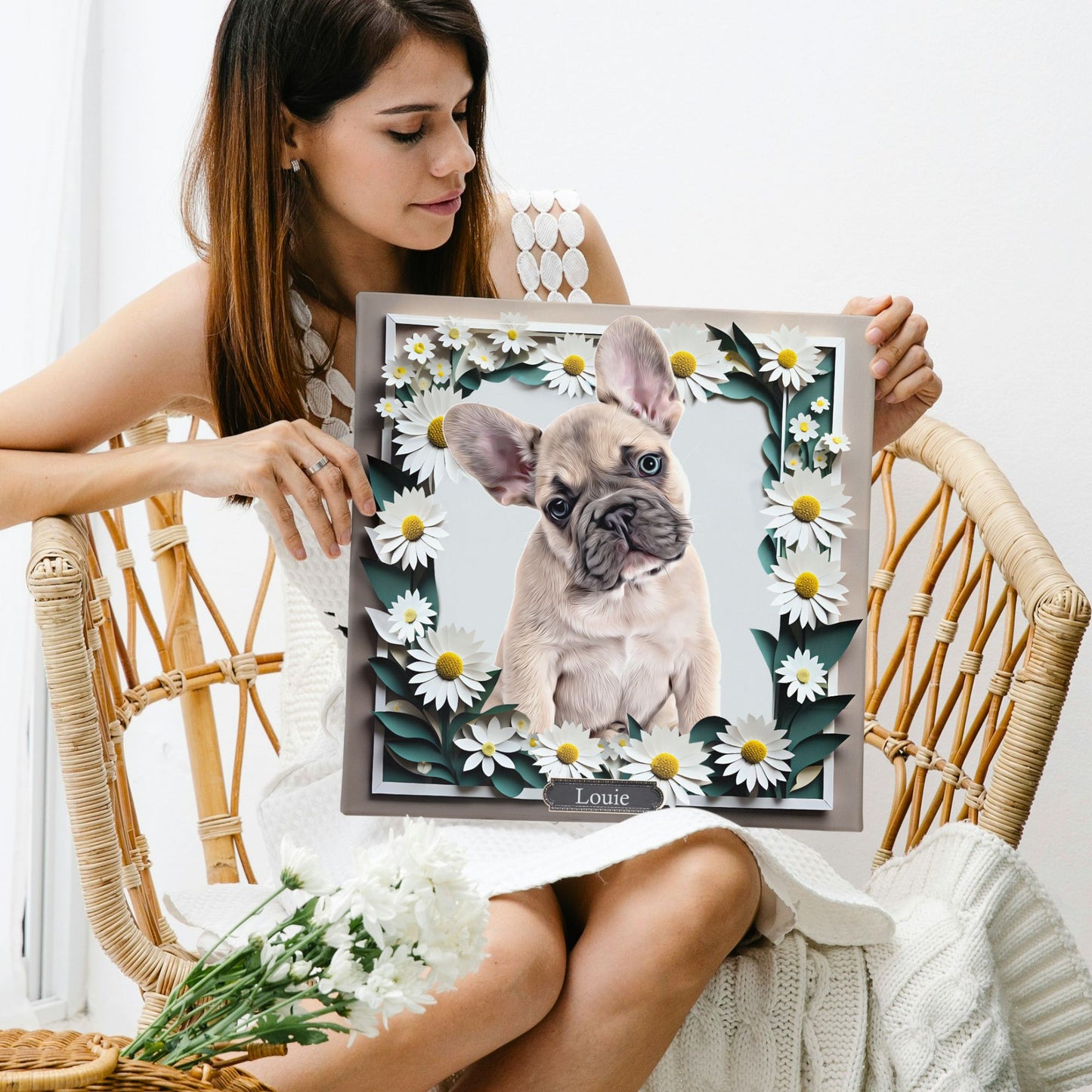 Custom Airbrushed Pet Portrait - White Daisy Frame