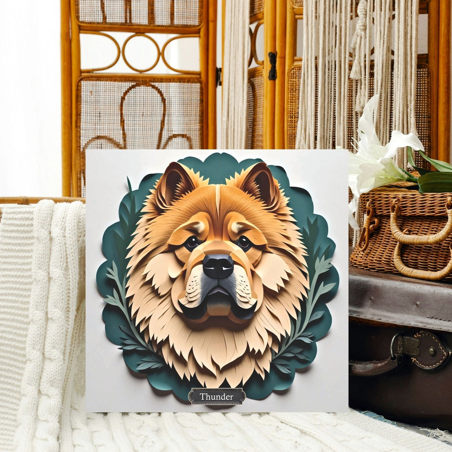 Chow Chow Leafy Green Scalloped Background Wall Art - Personalized Pet Name Canvas