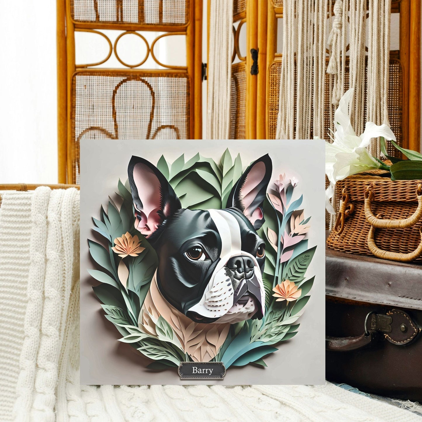 Boston Terrier Portrait with Personalized Name - Floral Canine Art Print on Canvas