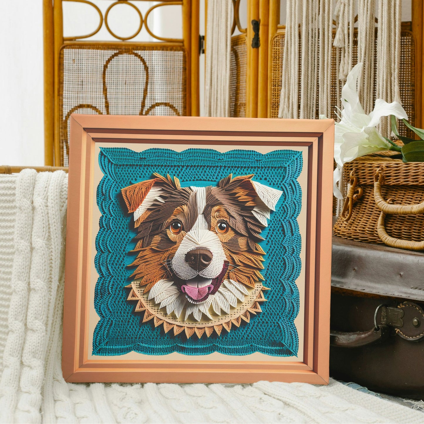 Australian Shepherd Embroidery Imitation Canvas, Aussie Lover Crafty Style Wall Art