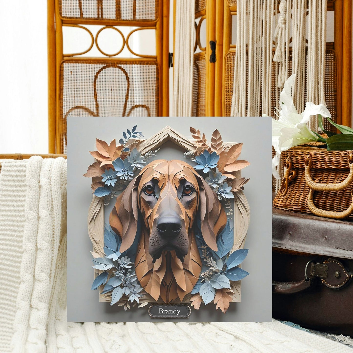 Bloodhound Floral Accent Portrait -  3D Illusion Dog Lover Gift