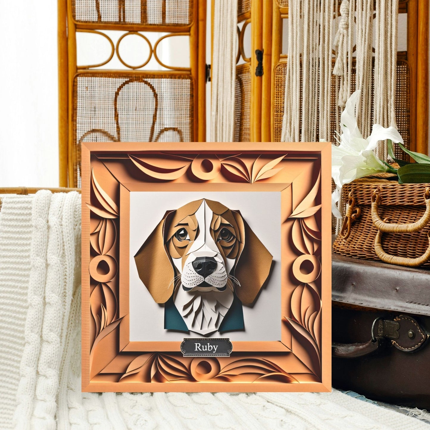 Beagle Portrait on Canvas, Papercut Imitation Dog Lover Wall Art, Dog Owner Gift, Vet Clinic Animal Shelter Décor