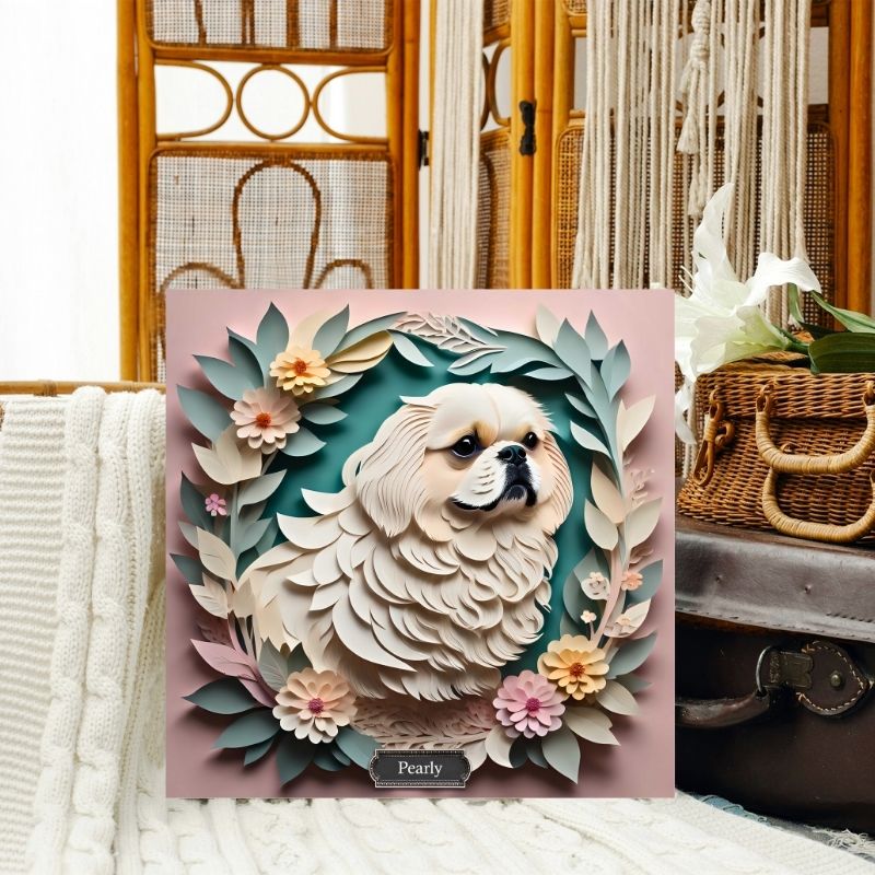 White Pekingese Floral Wall Art -  Pekingese Dog Memorial Gift or Decor