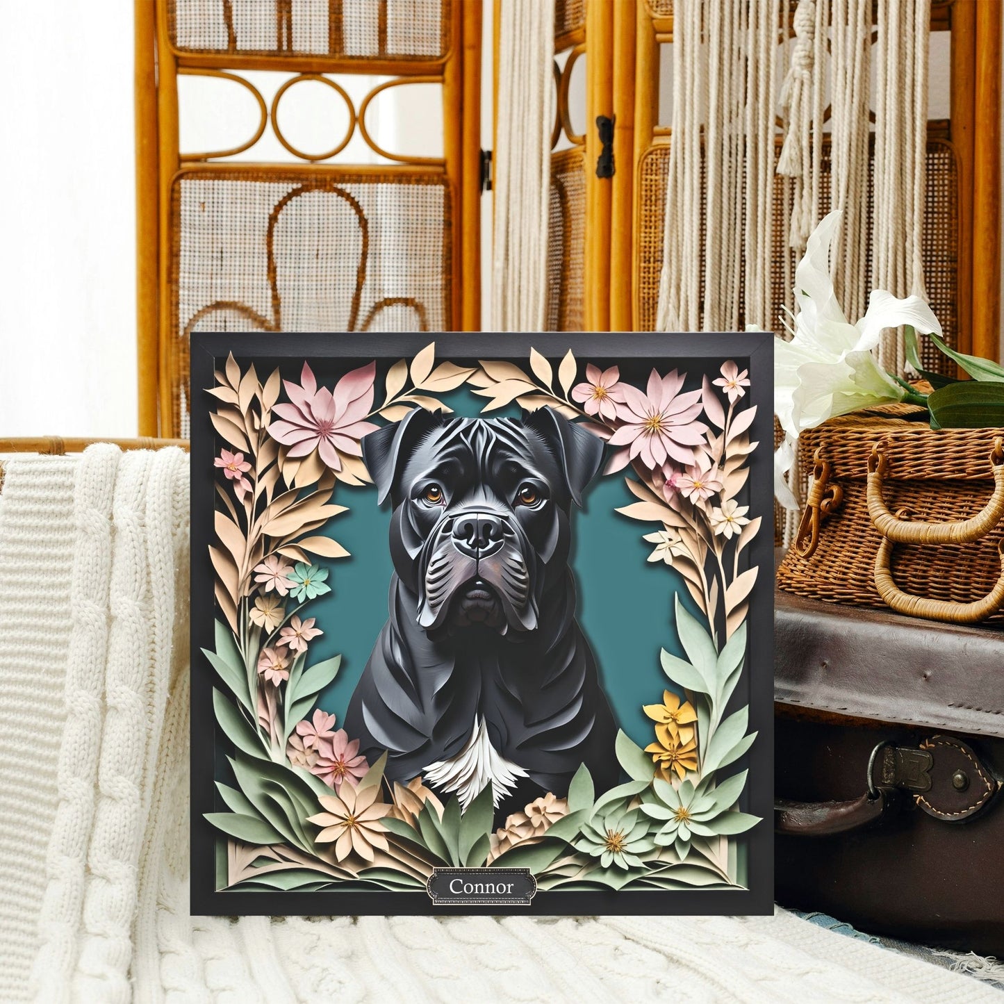 Black Cane Corso with Natural Ears - 3D Illusion Personalized Dog Portrait Gift