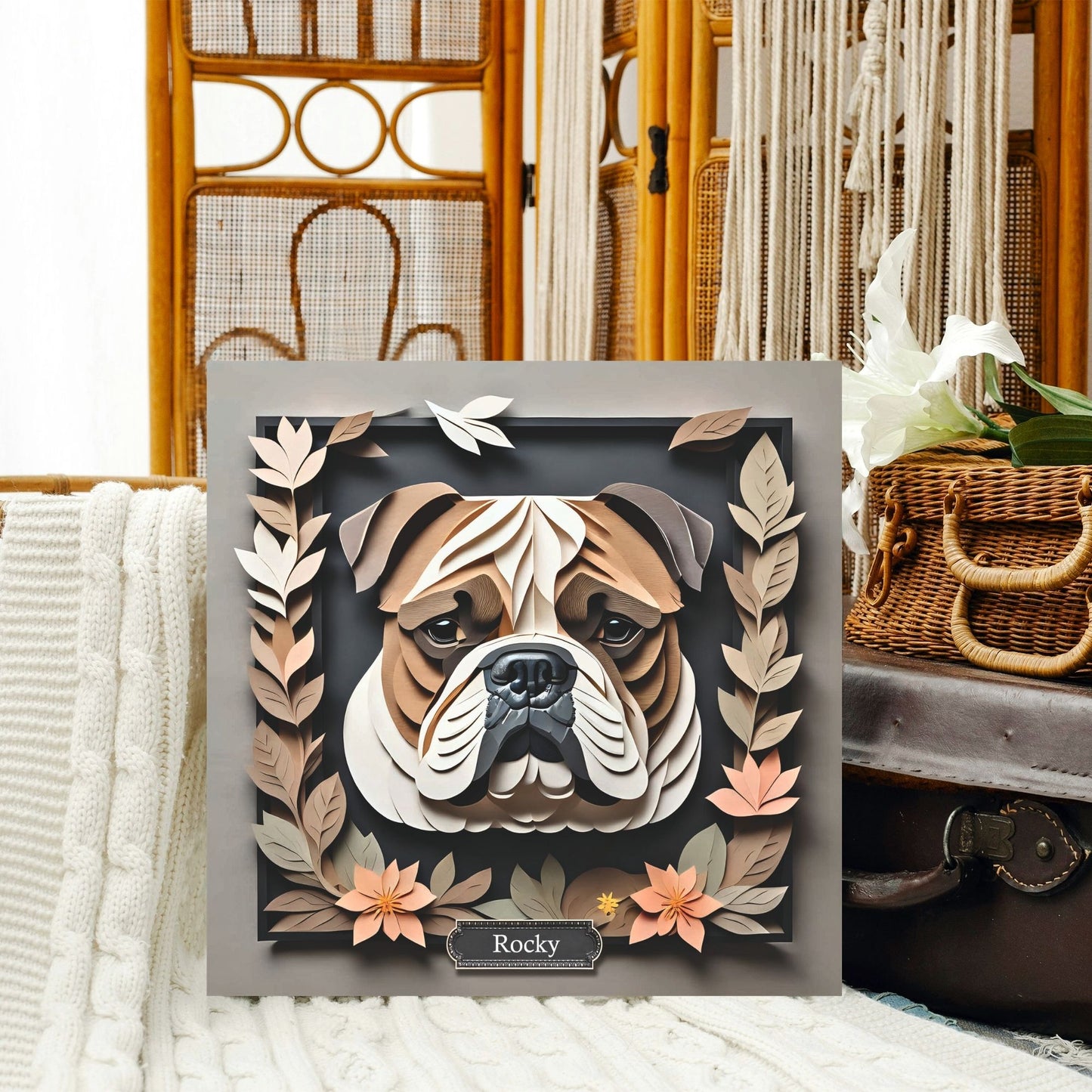 3D Illusion English Bulldog Art - Beige & Black Framed Canvas with Pastel Leaves