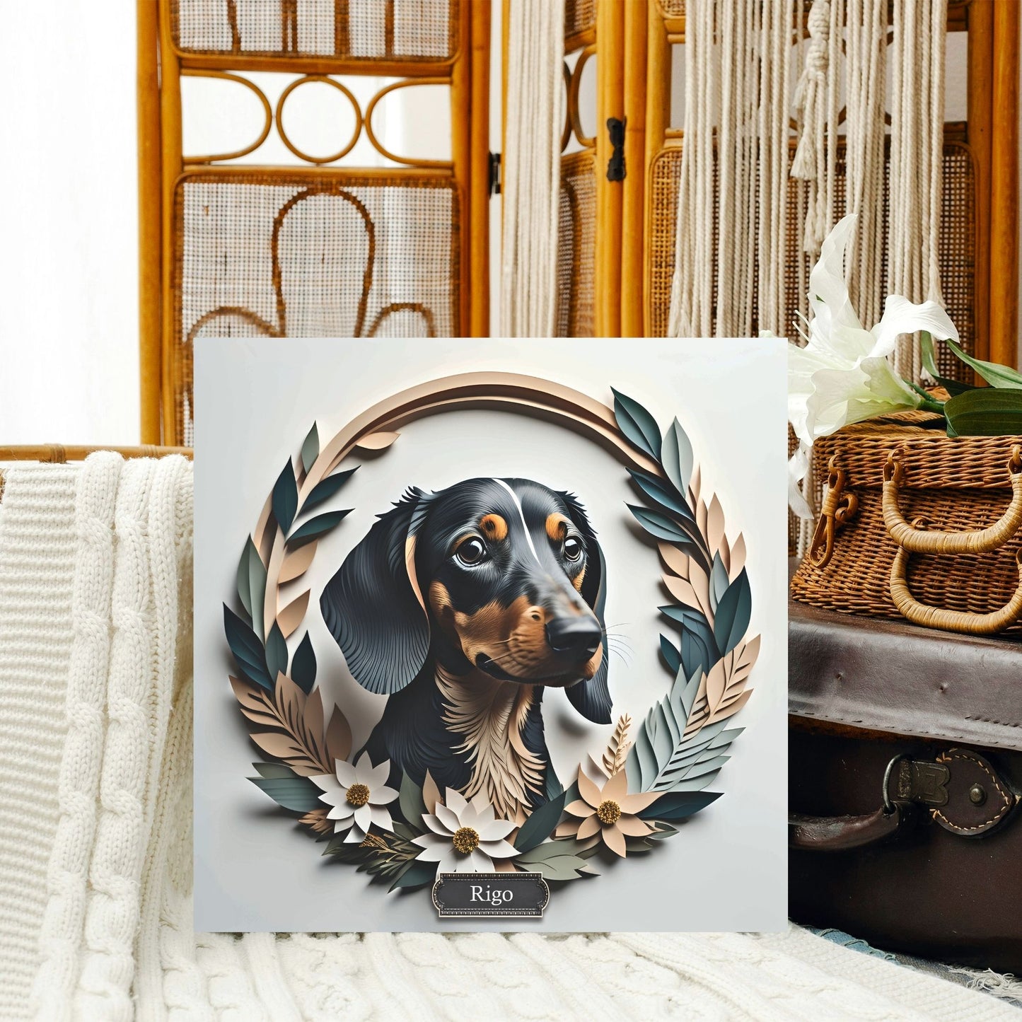 Black Dachshund Leaf Wreath Wall Art - Custom Pet Name Artwork