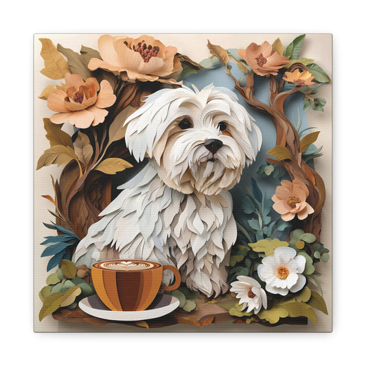 Maltese and Latte Canvas Print - Cottagecore Dog and Coffee Lover Art