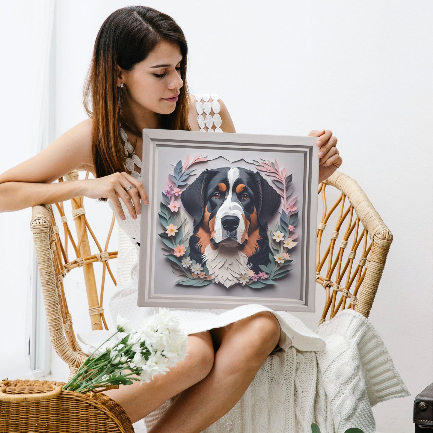 Floral Haven Bernese Mountain Dog - Papercut Imitation Canvas Print for Modern Home