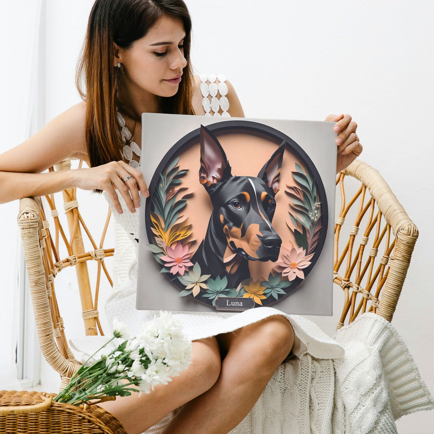 Doberman Portrait in a Circular Black Faux Frame - Dobie Wall Art in Papercut Imitation Style