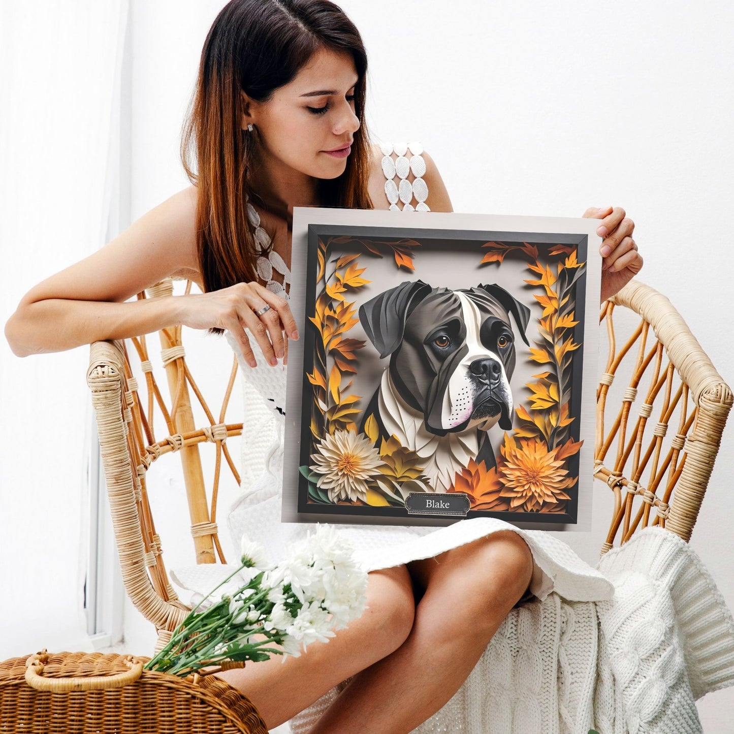 Black Boxer Dog Fall Art - Canvas Print 3D Illusion Art with Name Personalization