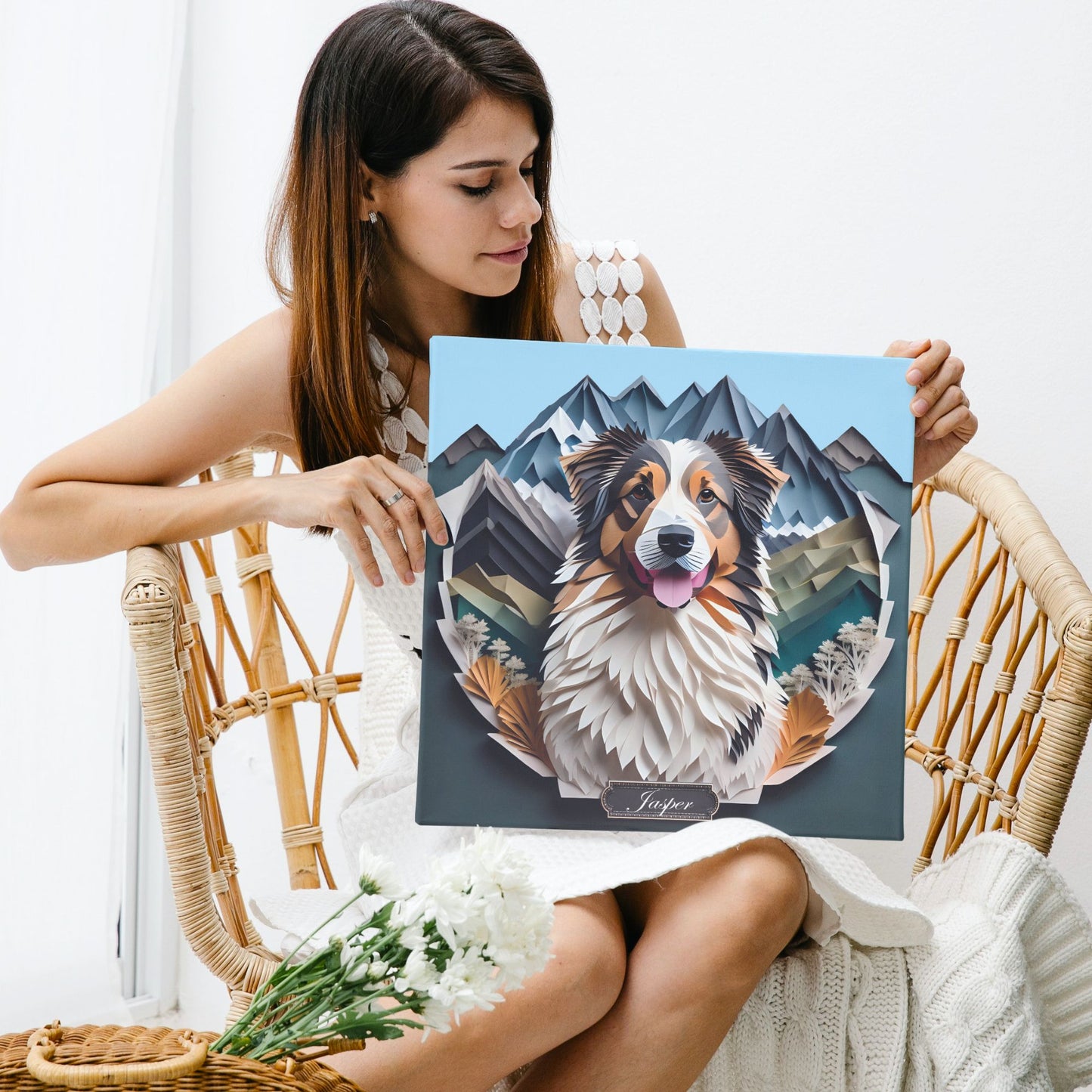 Australian Shepherd Mountain-Themed Portrait, Papercut Imitation Style Aussie Owner Gift