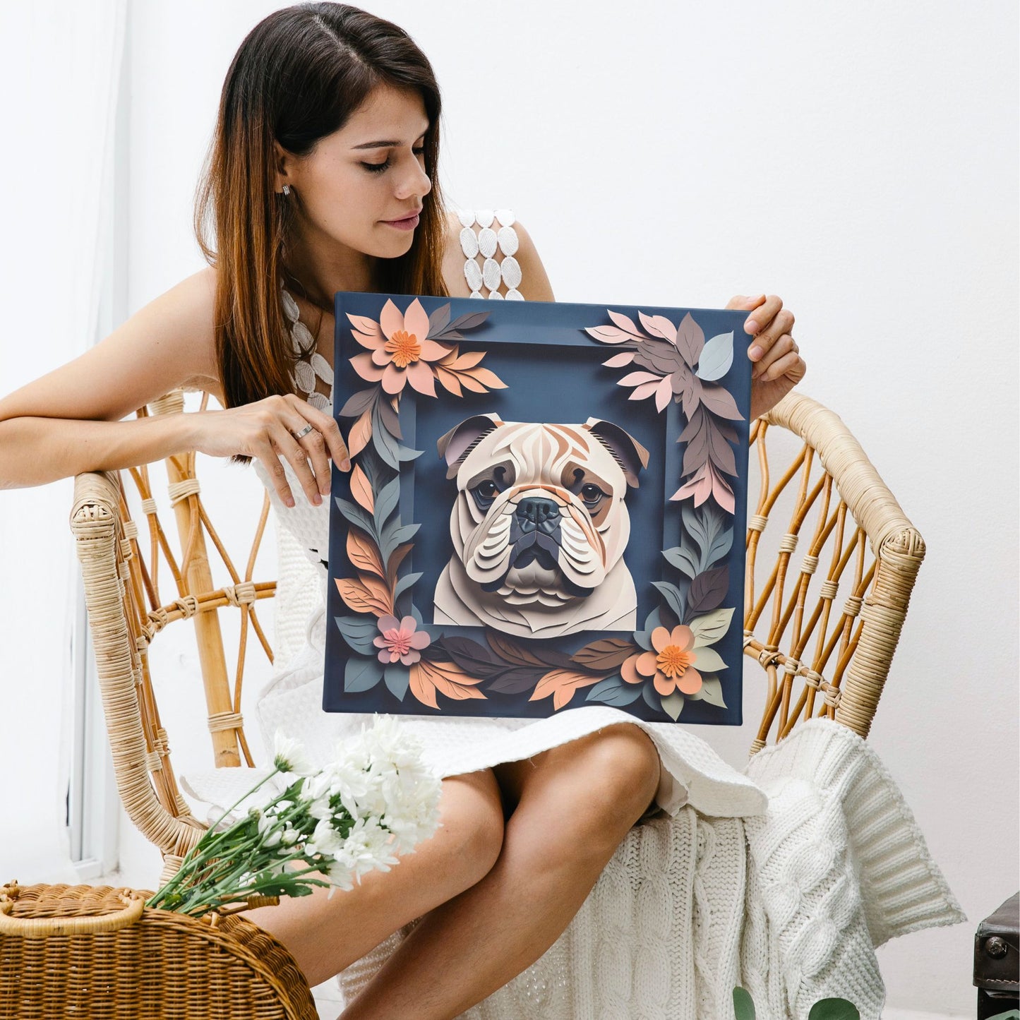 Charming Faux Papercut Bulldog Canvas on Navy Background- 3D Illusion Floral Decor