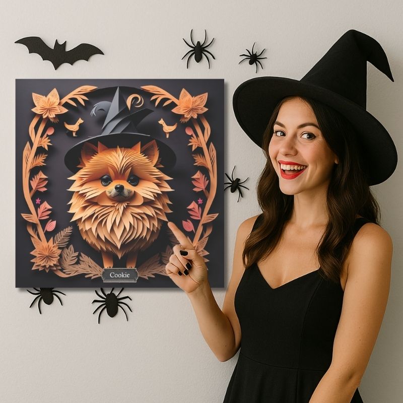 Halloween Pomeranian Wall Art -  Faux Papercut Style Decor