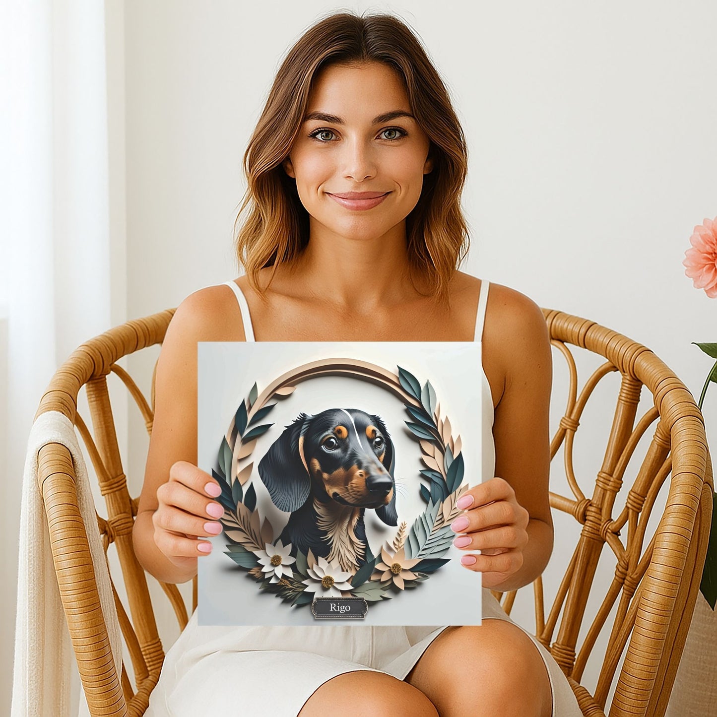 Black Dachshund Leaf Wreath Wall Art - Custom Pet Name Artwork