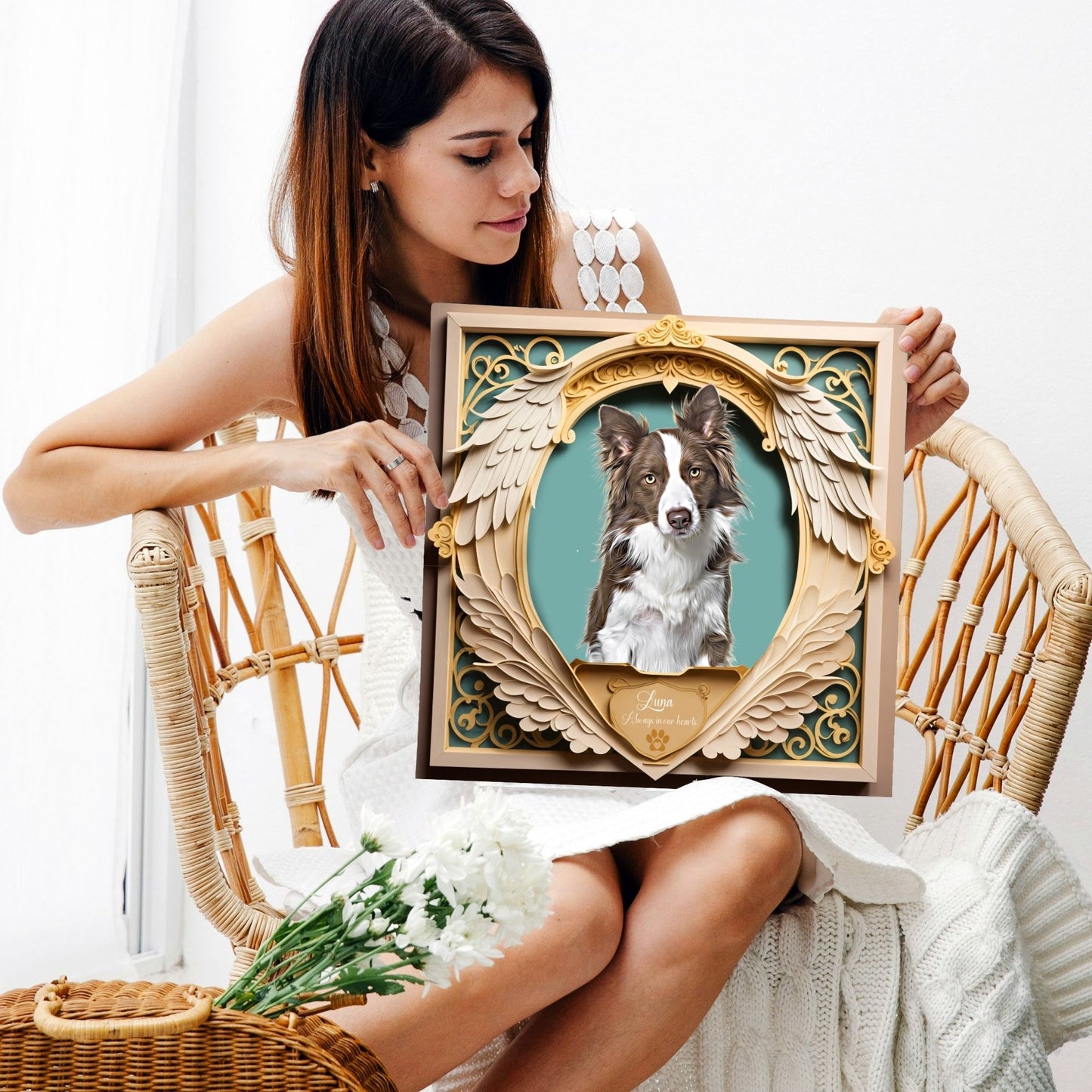 Custom Memorial Pet Portrait - Wings Down Golden and Teal Design