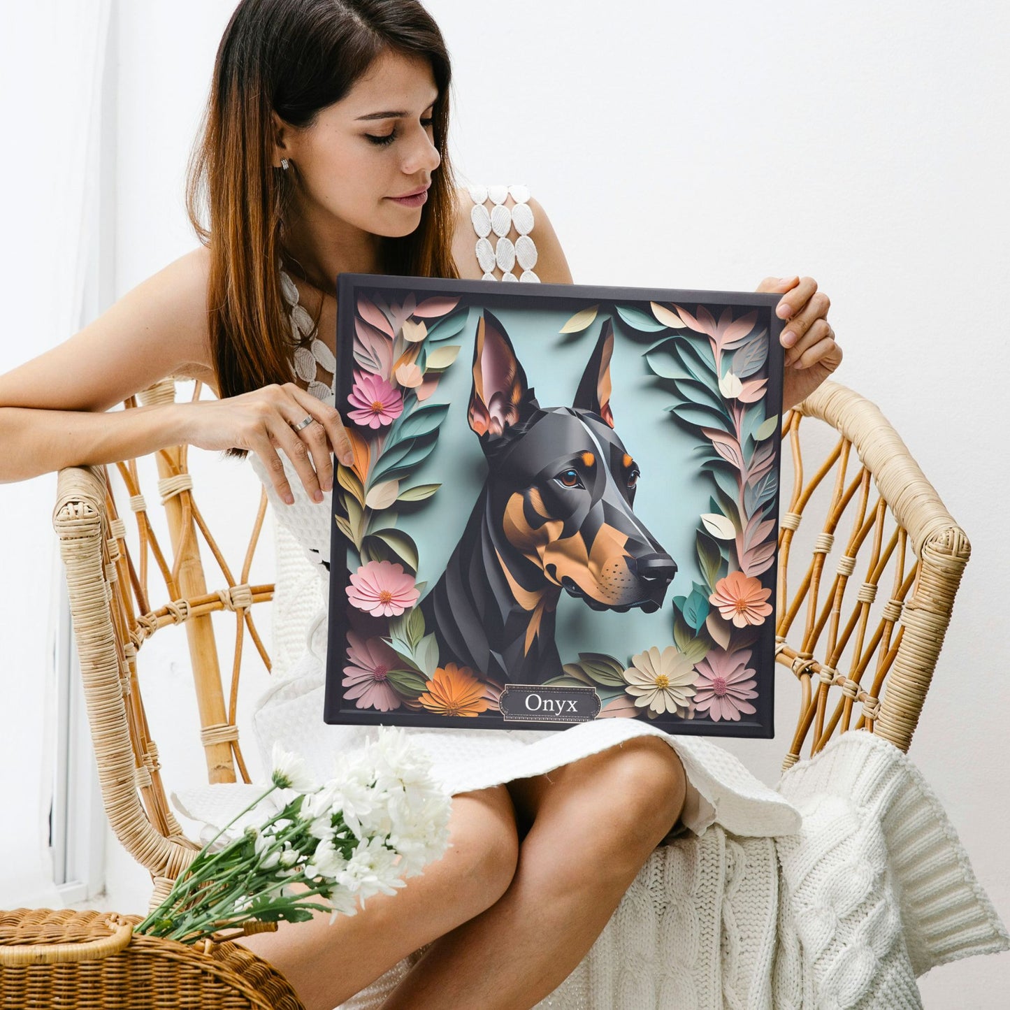 Doberman Canvas Portrait in Faux Black Frame - Dobie Lover Wall Art with Name Personalization